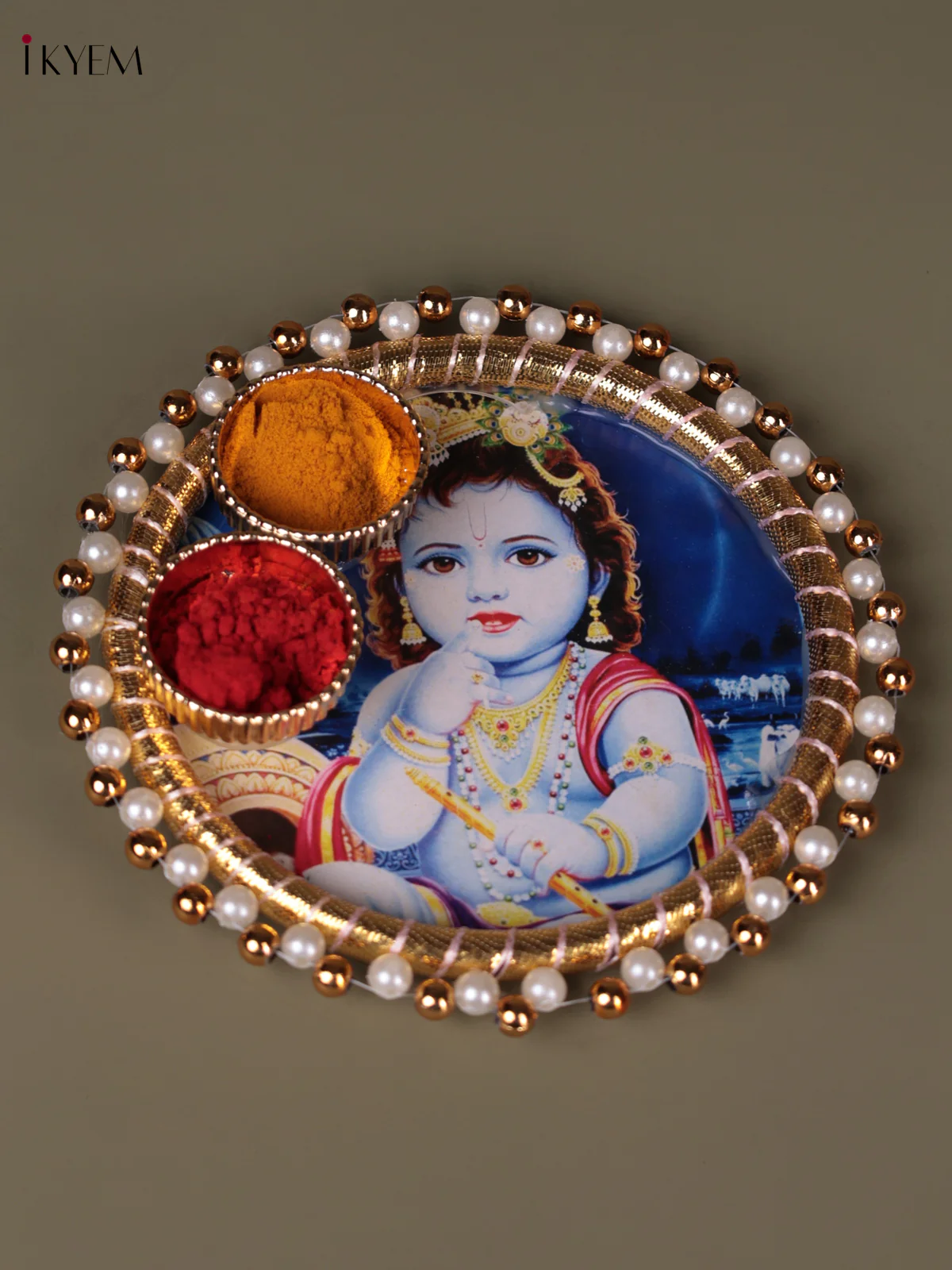 Krishan Printed Plate With Haldi kumkum holder - 4.5 Inch - Image 2