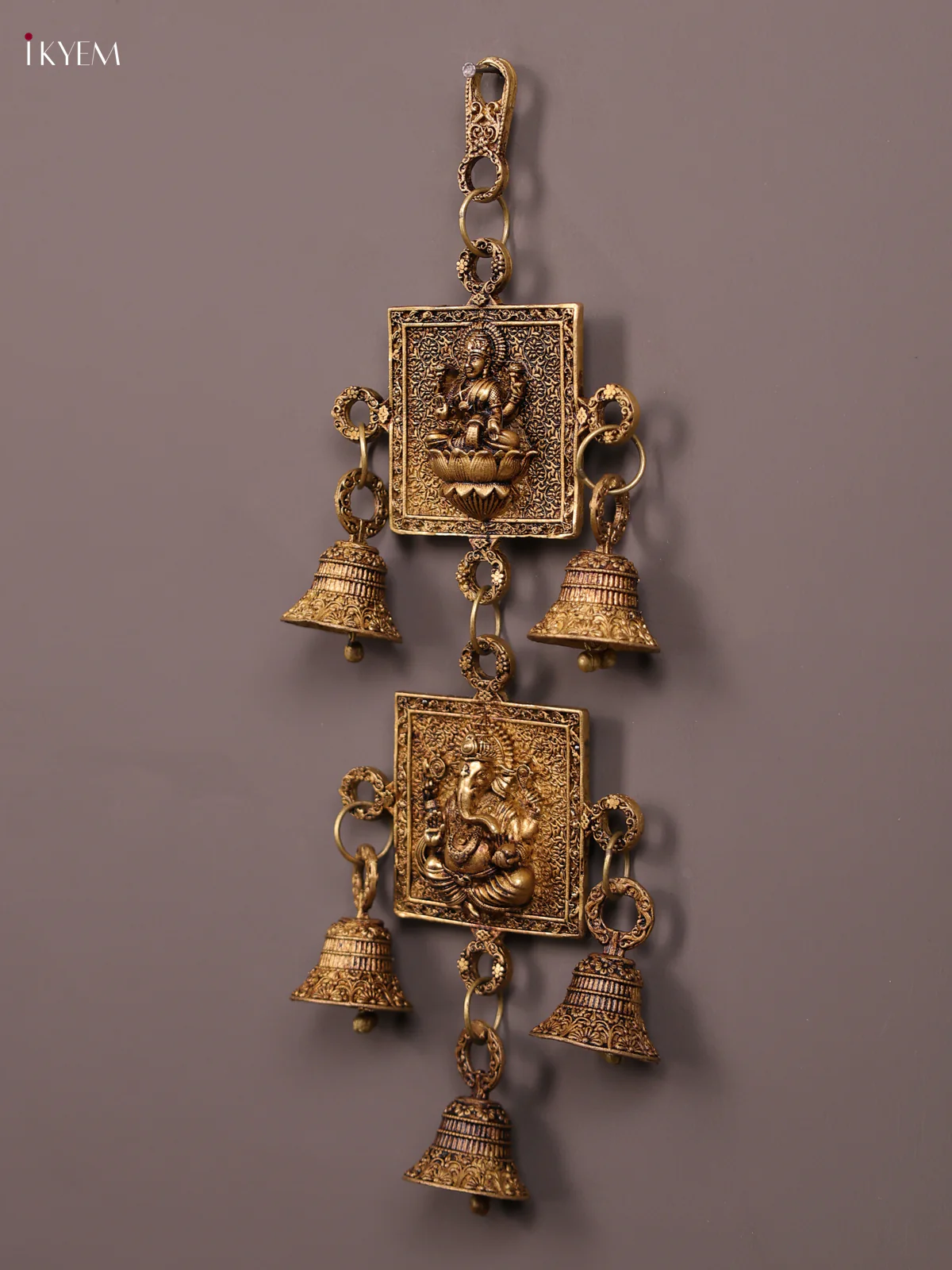 Brass wall hanging Ganesha lakshmi with bell - set - Image 3