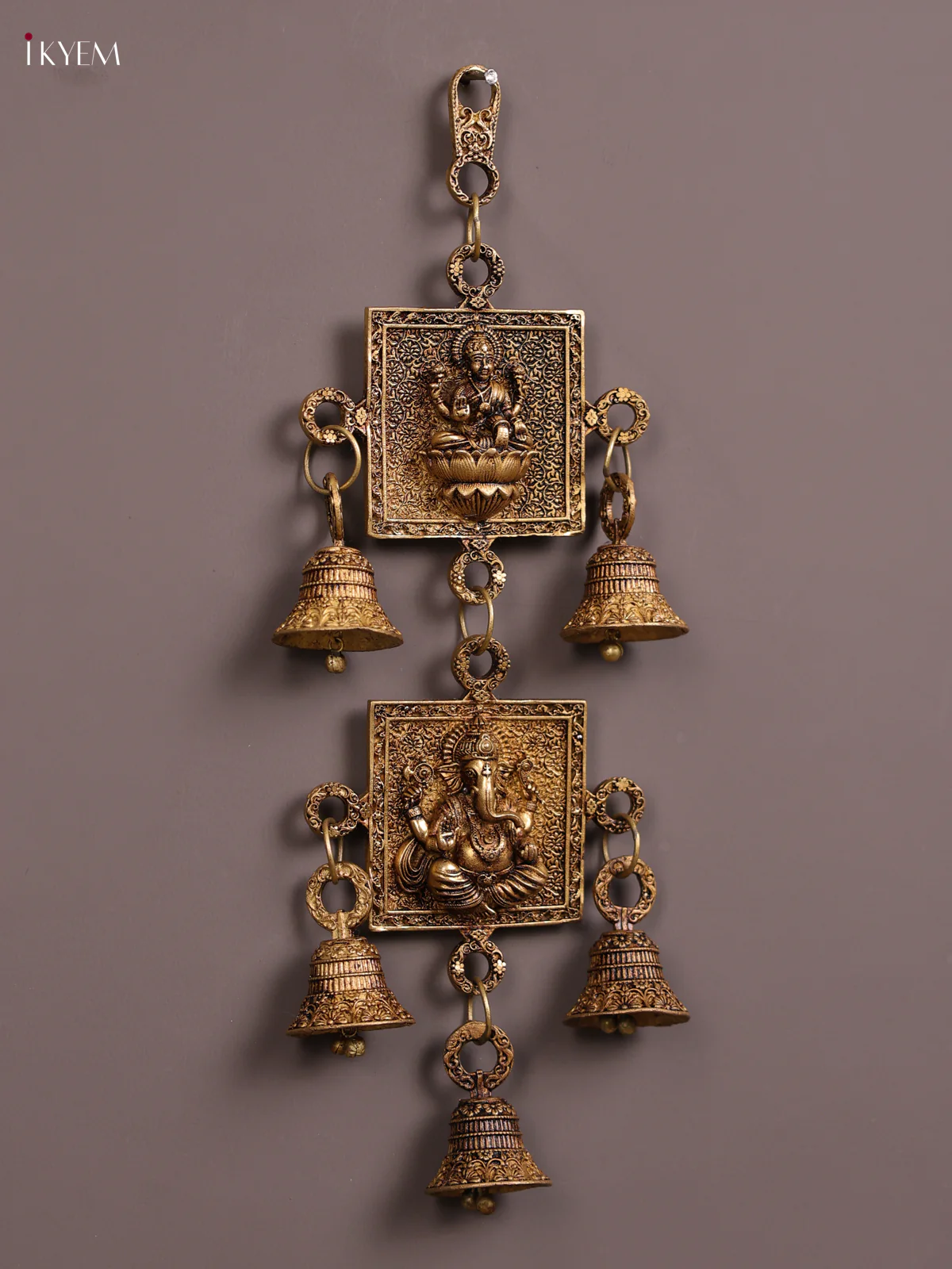 Brass wall hanging Ganesha lakshmi with bell - set - Image 4