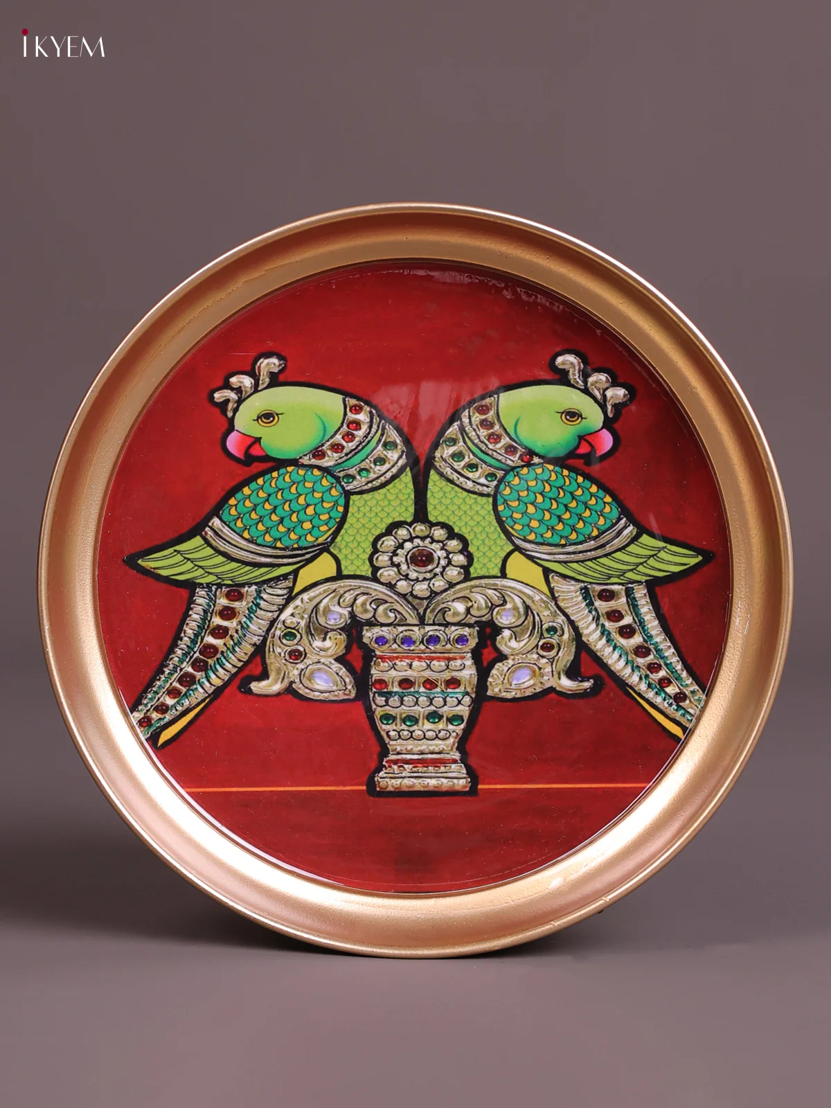 Twin Parrot - Printed Brass Coated Plate Maroon - 8 inch