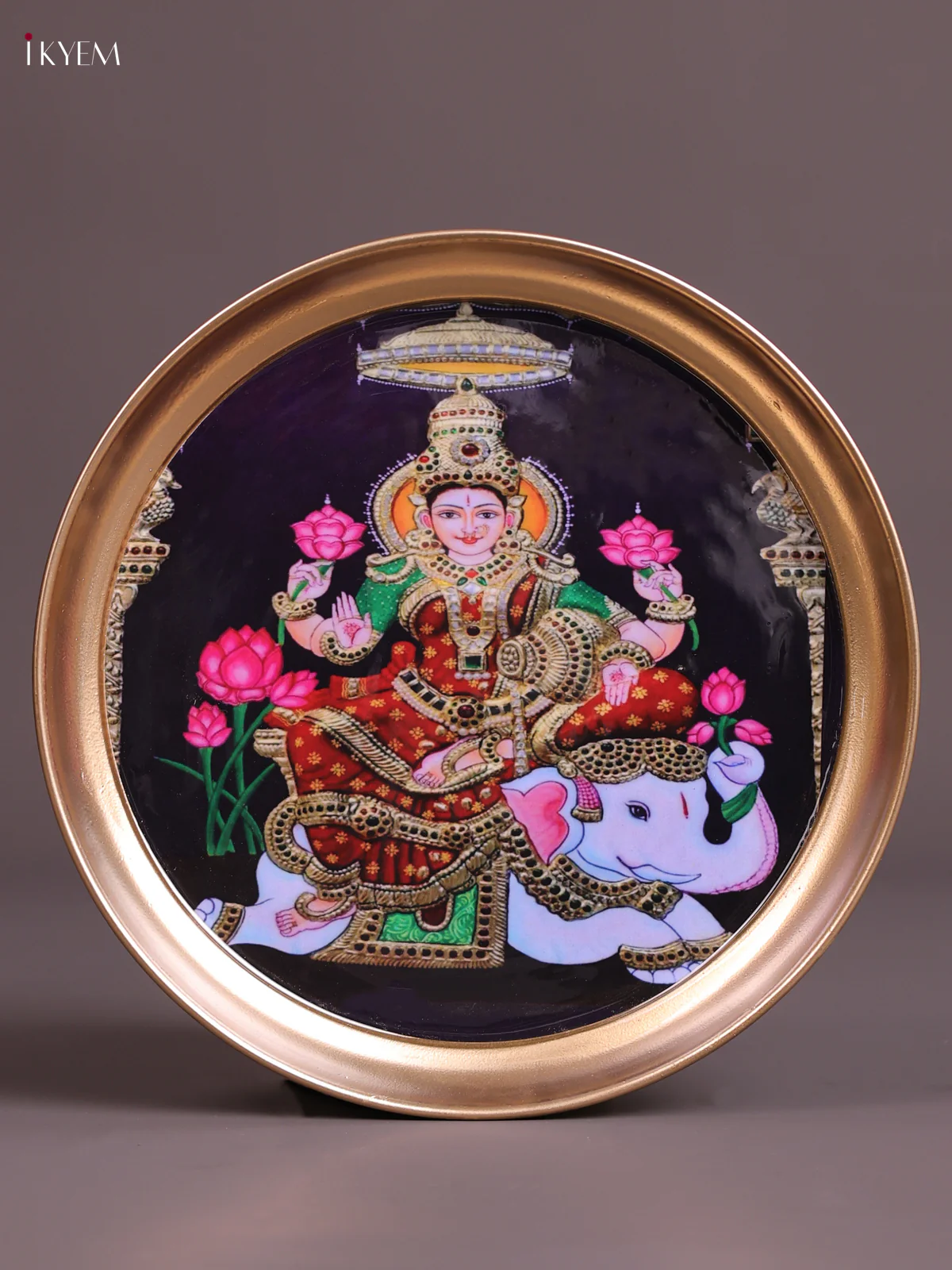 Gaja Lakshmi - Printed Brass Coated Plate Red & Black - 8 inch