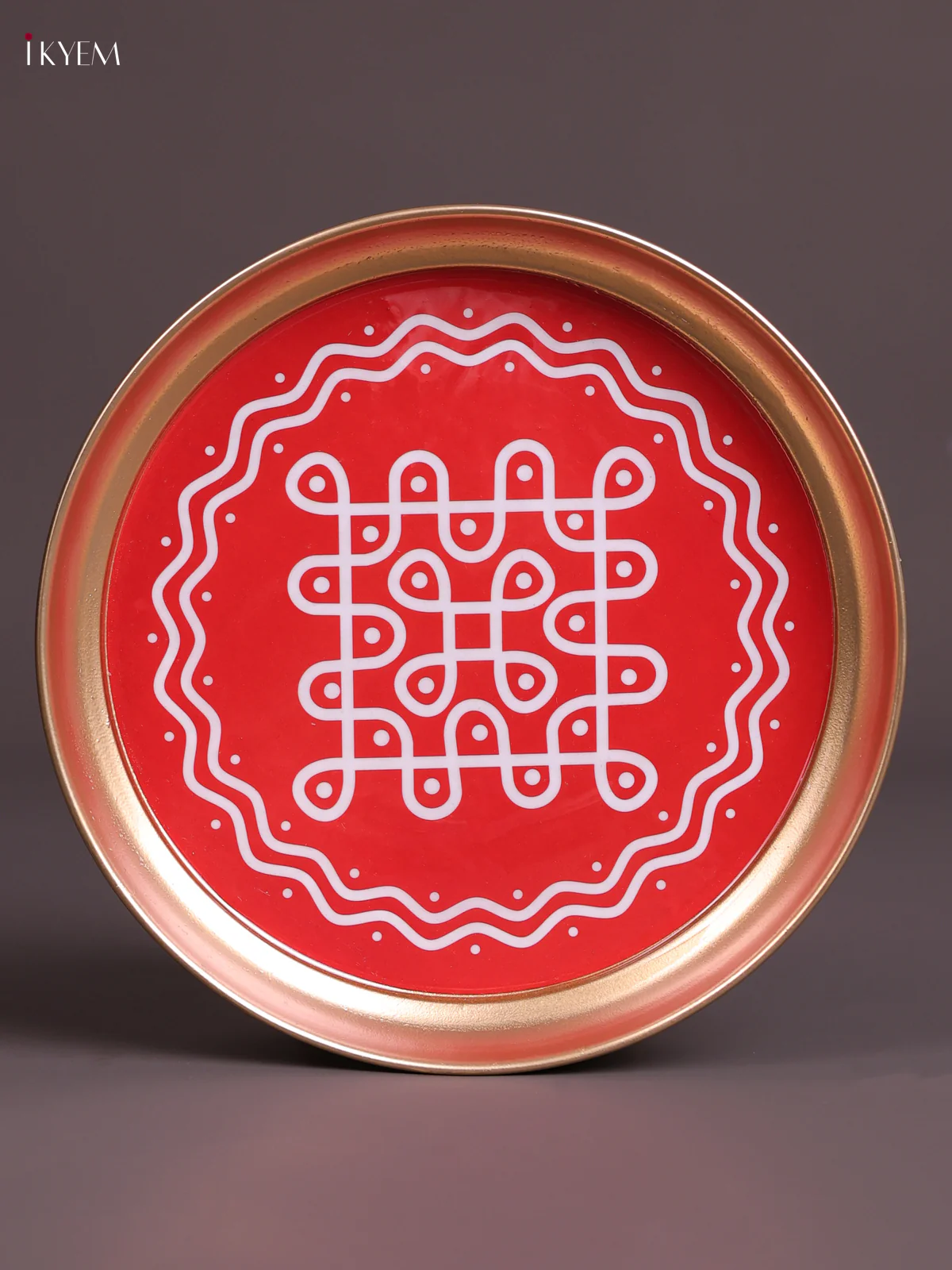 Sikku Kolam - Printed Brass Coated Plate Red - 8 inch
