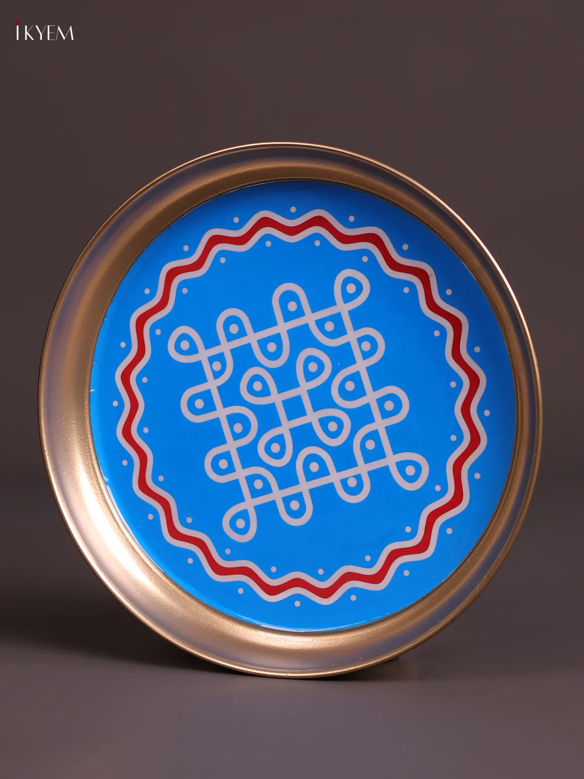 Sikku Kolam - Printed Brass Coated Plate Blue - 8 inch - Image 3