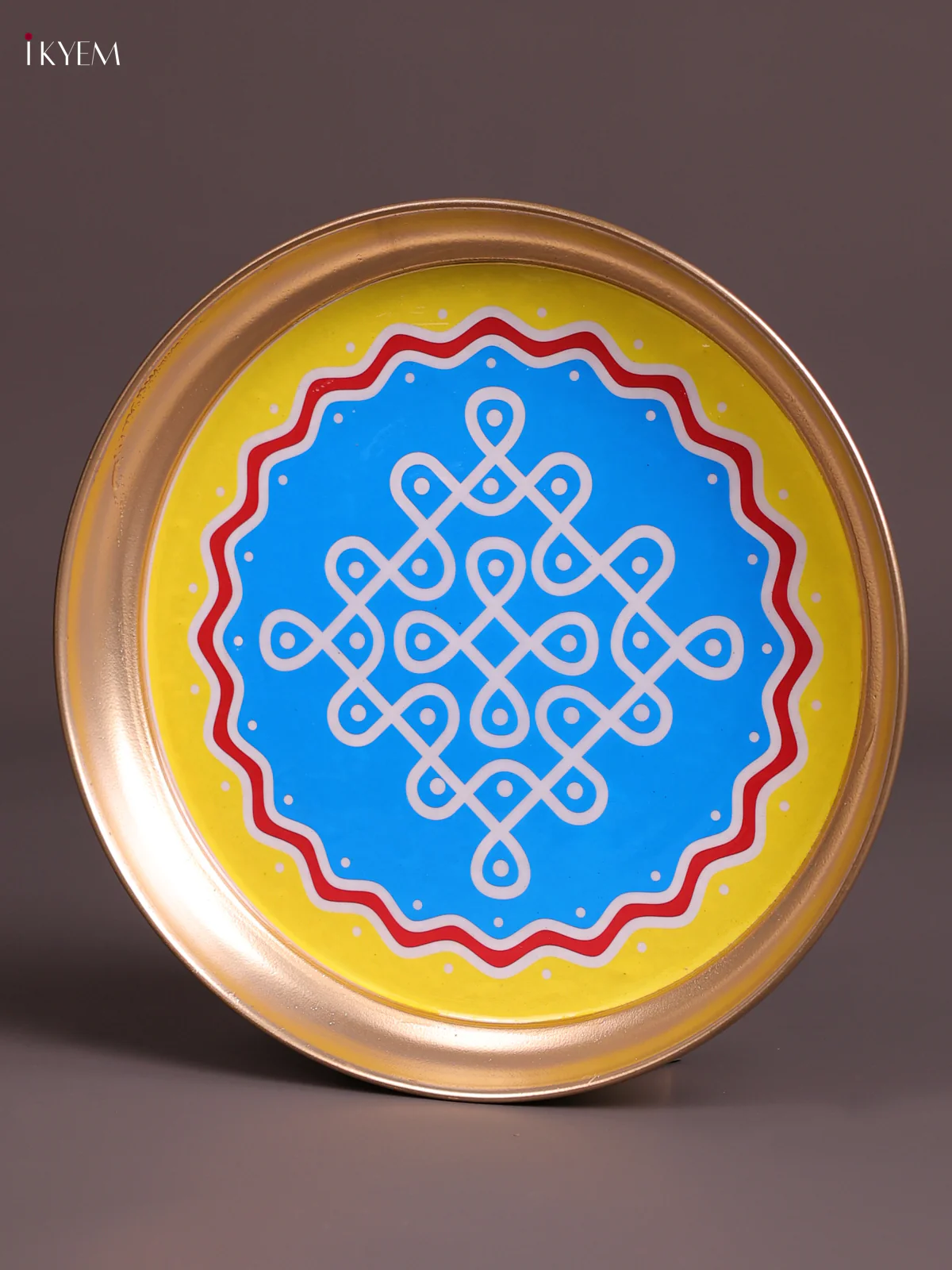 Sikku Kolam - Printed Brass Coated Plate Blue & Yellow - 8 inch - Image 2
