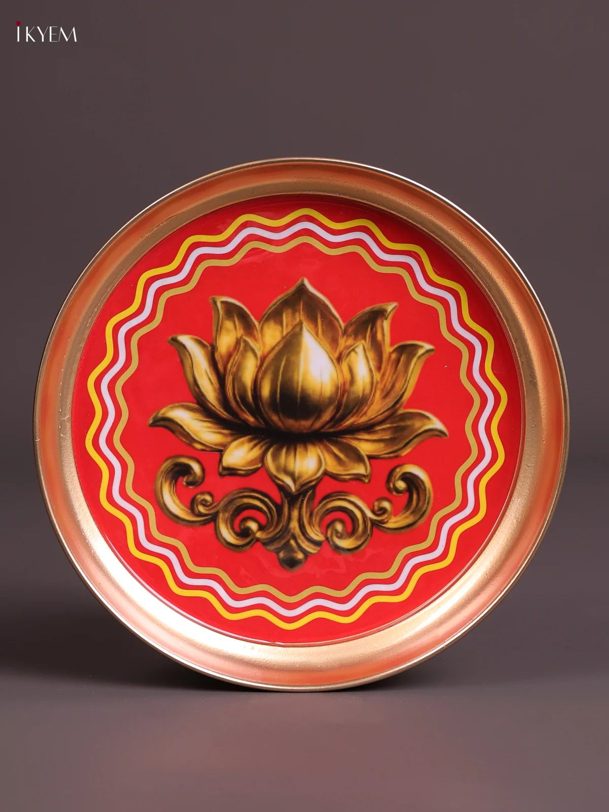 Lotus - Printed Brass Coated Plate Red & Golden - 8 inch