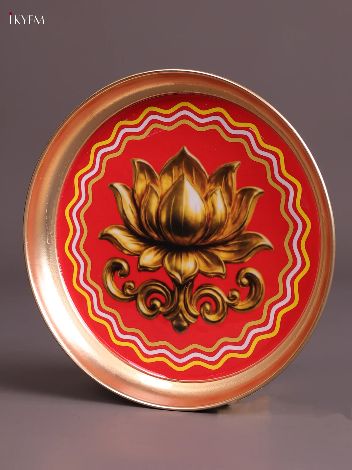 Lotus - Printed Brass Coated Plate Red & Golden - 8 inch - Image 2