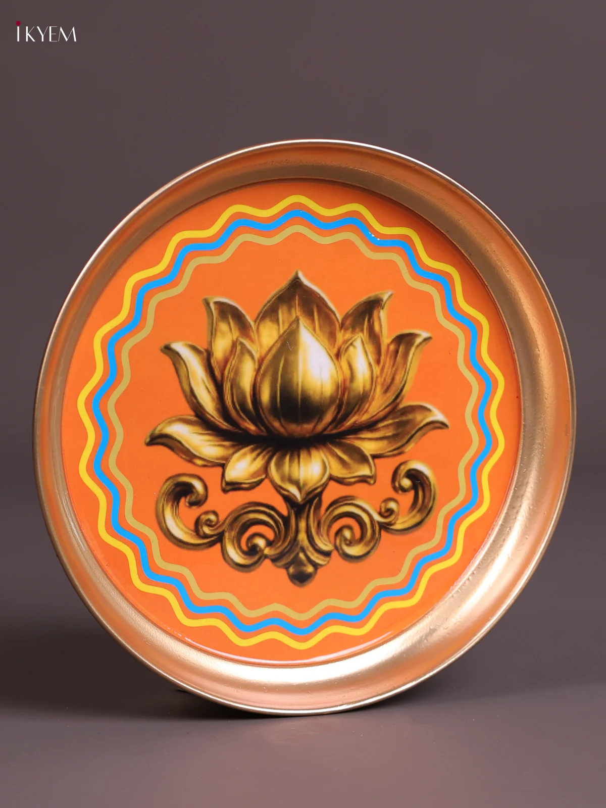 Lotus - Printed Brass Coated Plate Orange & Golden - 8 inch - Image 3