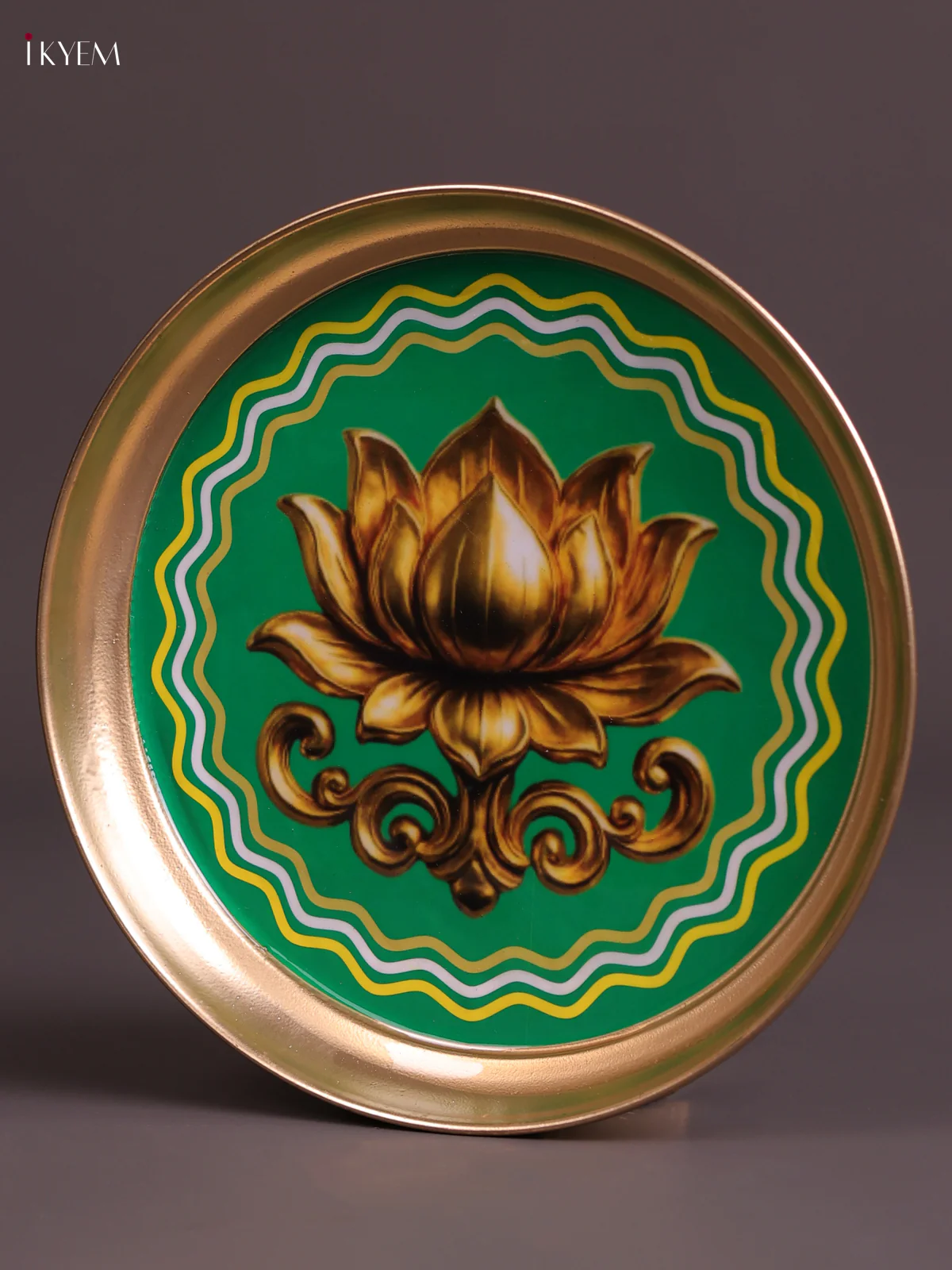 Lotus - Printed Brass Coated Plate Green & Golden - 8 inch - Image 3