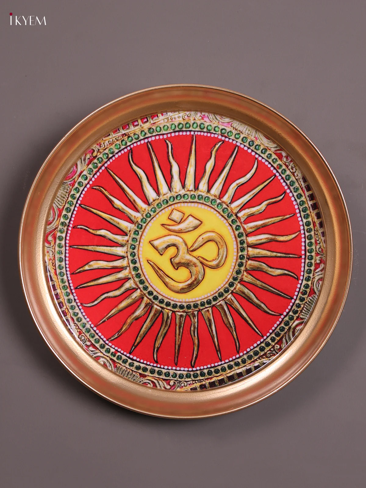 Om- Sun - Printed Brass Coated Plate With Hook Red - 8 inch