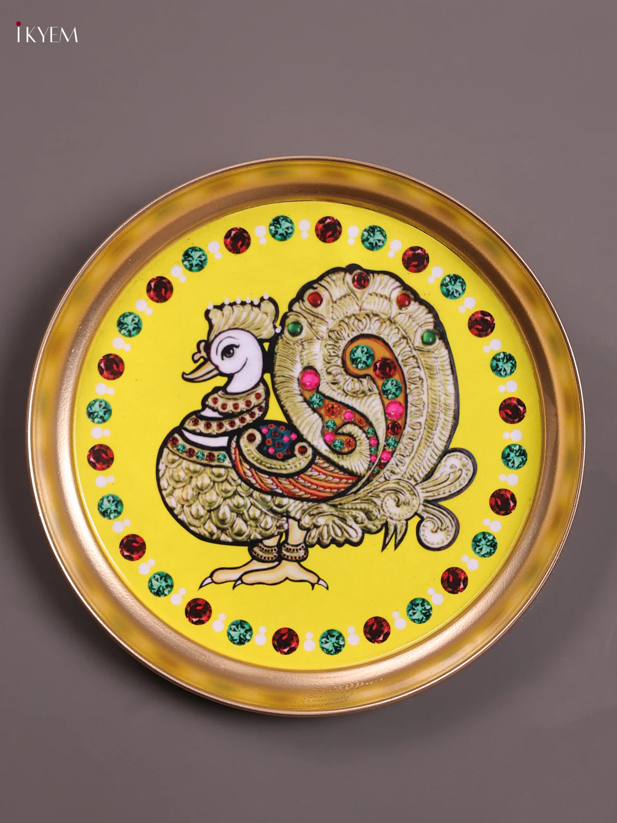 Annapakshi - Printed Brass Coated Plate With Hook Yellow - 8 inch