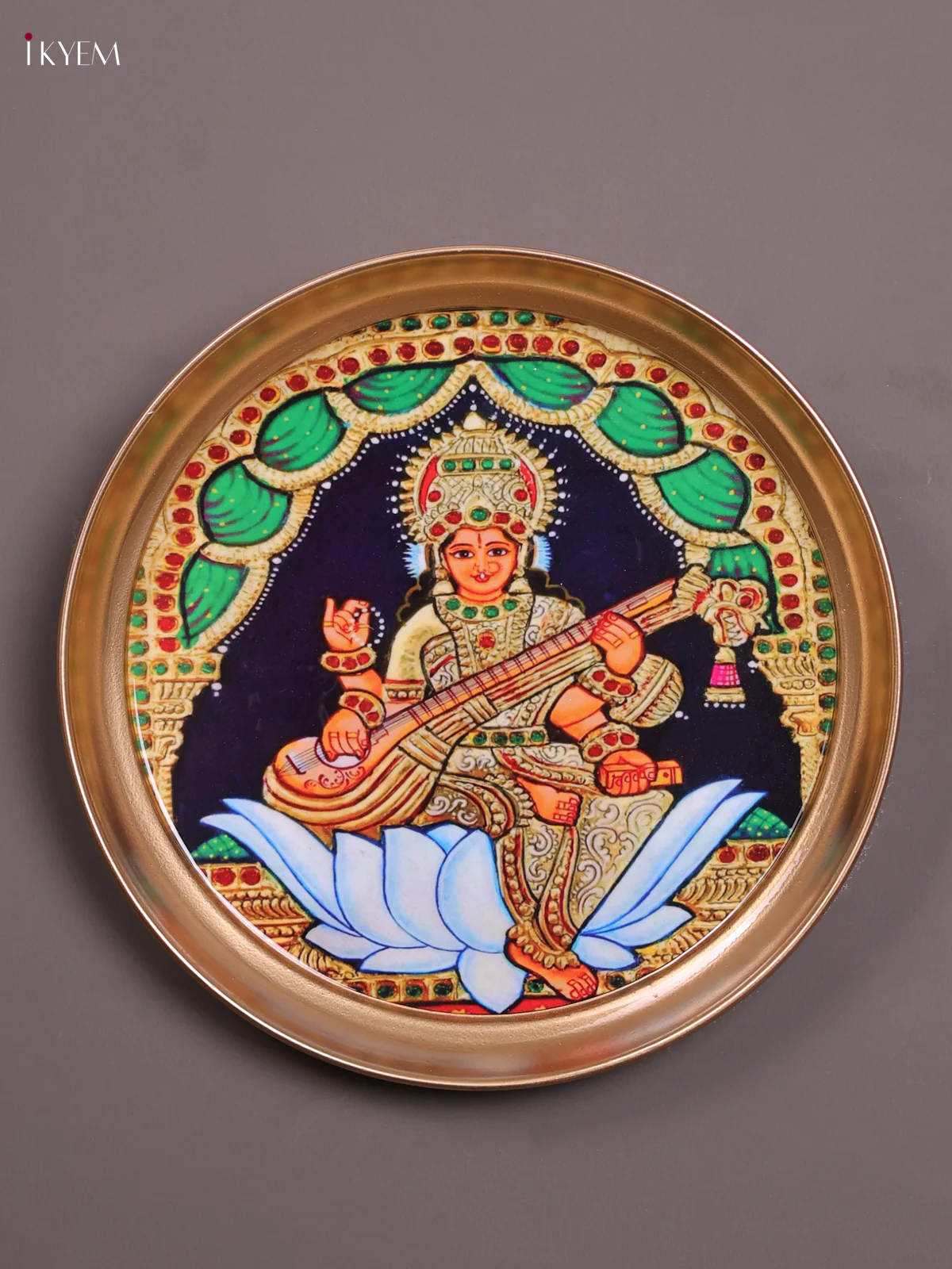 Sarswathi - Printed Brass Coated Plate With Hook Black - 8 inch