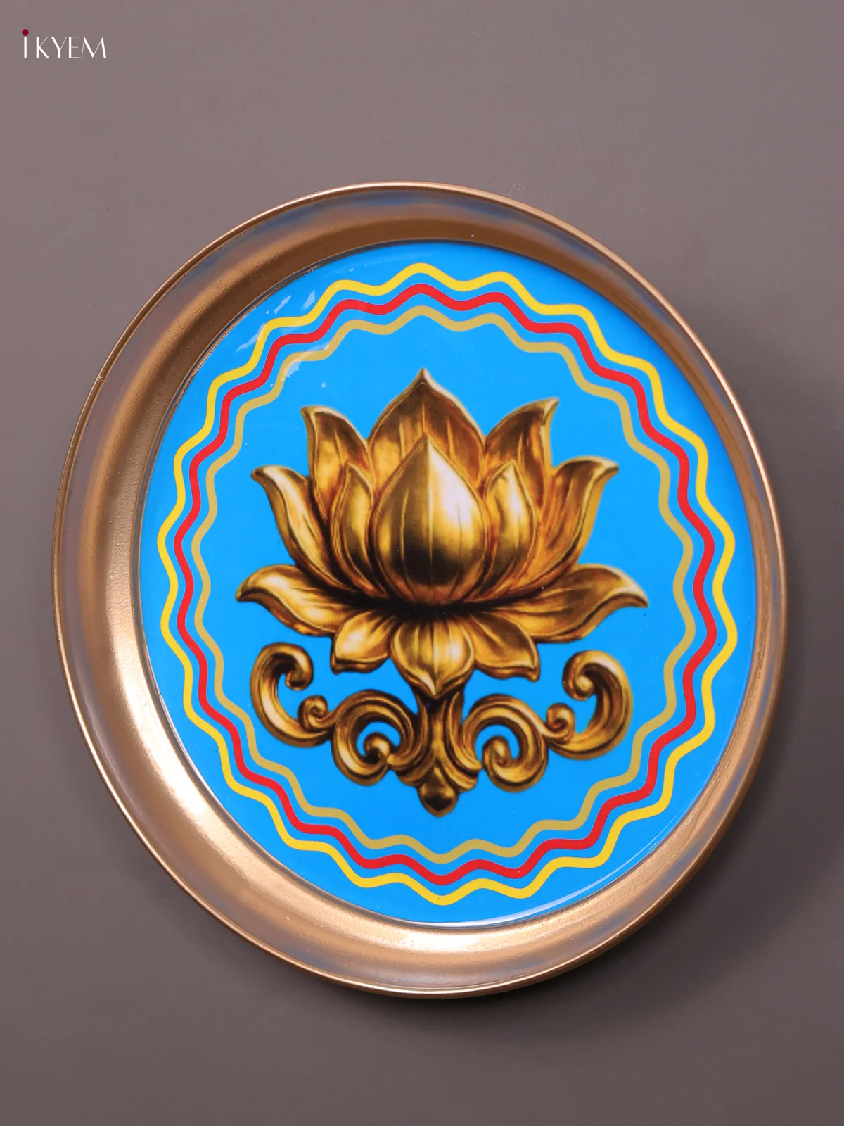 Lotus - Printed Brass Coated Plate With Hook Blue & Golden - 8 inch - Image 3