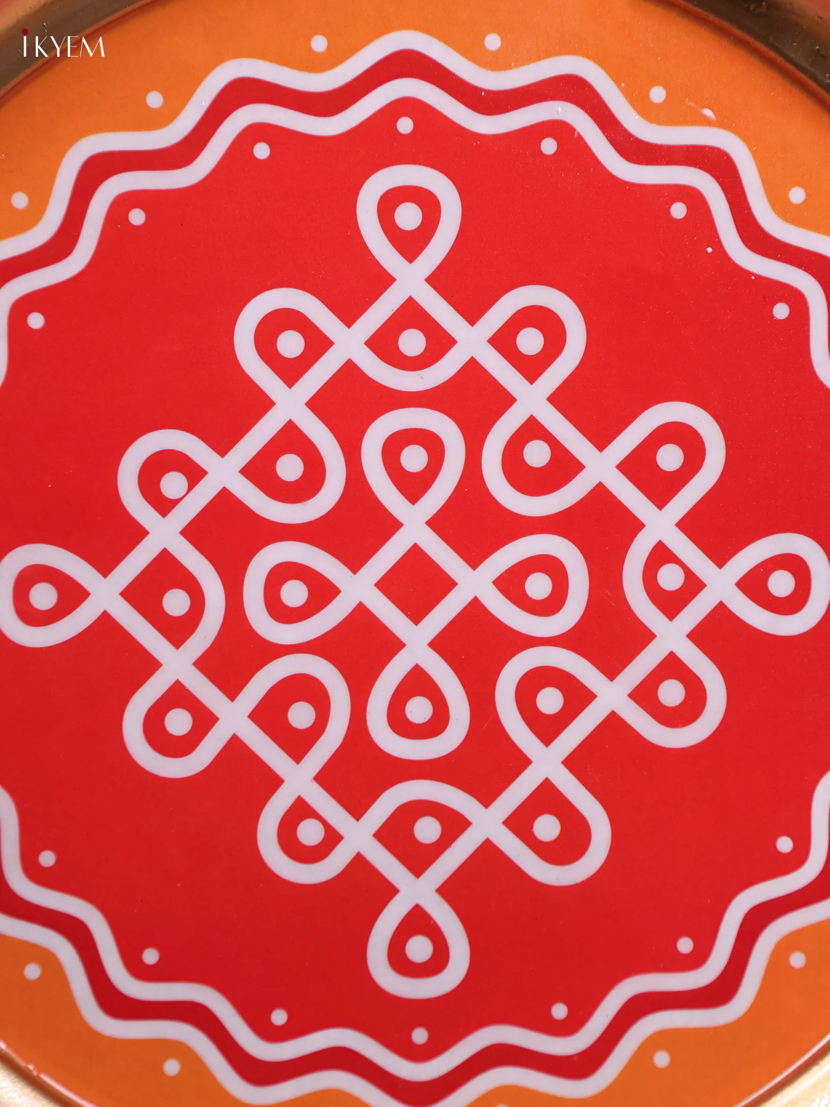 Kolam - Printed Brass Coated Plate With Hook Red & Orange - 8 inch - Image 2