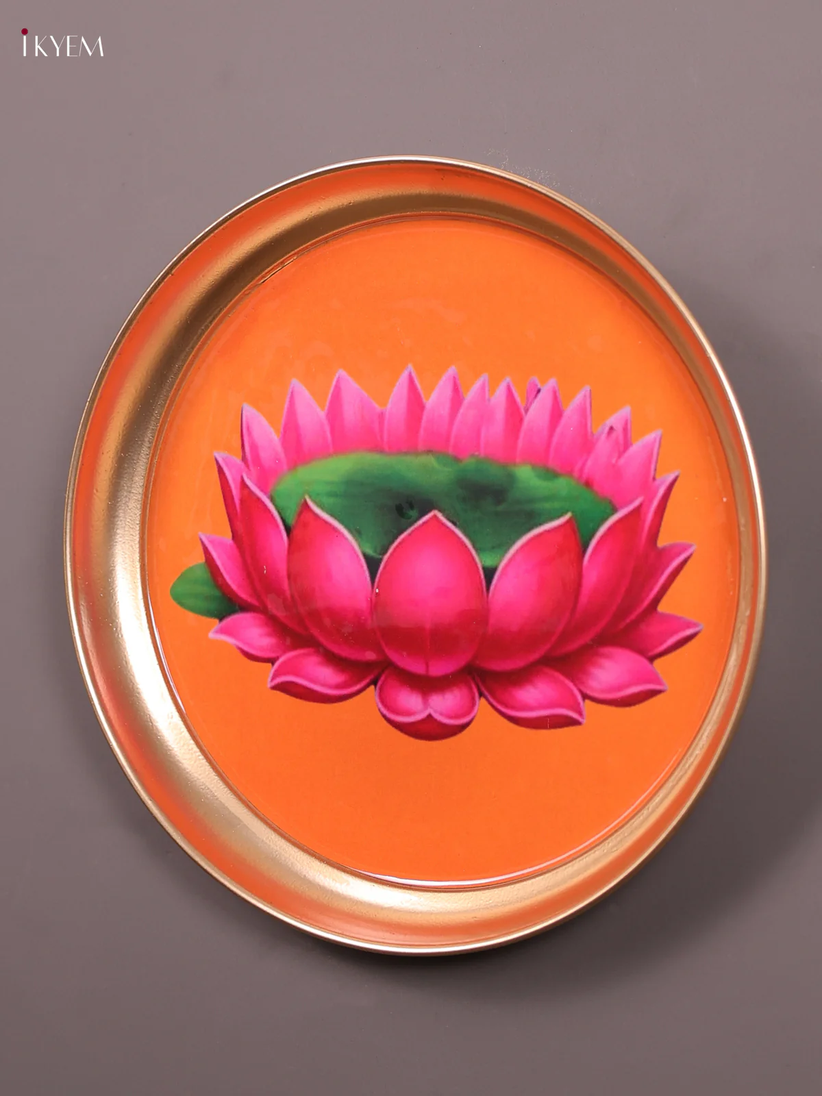 Lotus - Printed Brass Coated Plate With Hook Orange & Green - 8 inch - Image 3