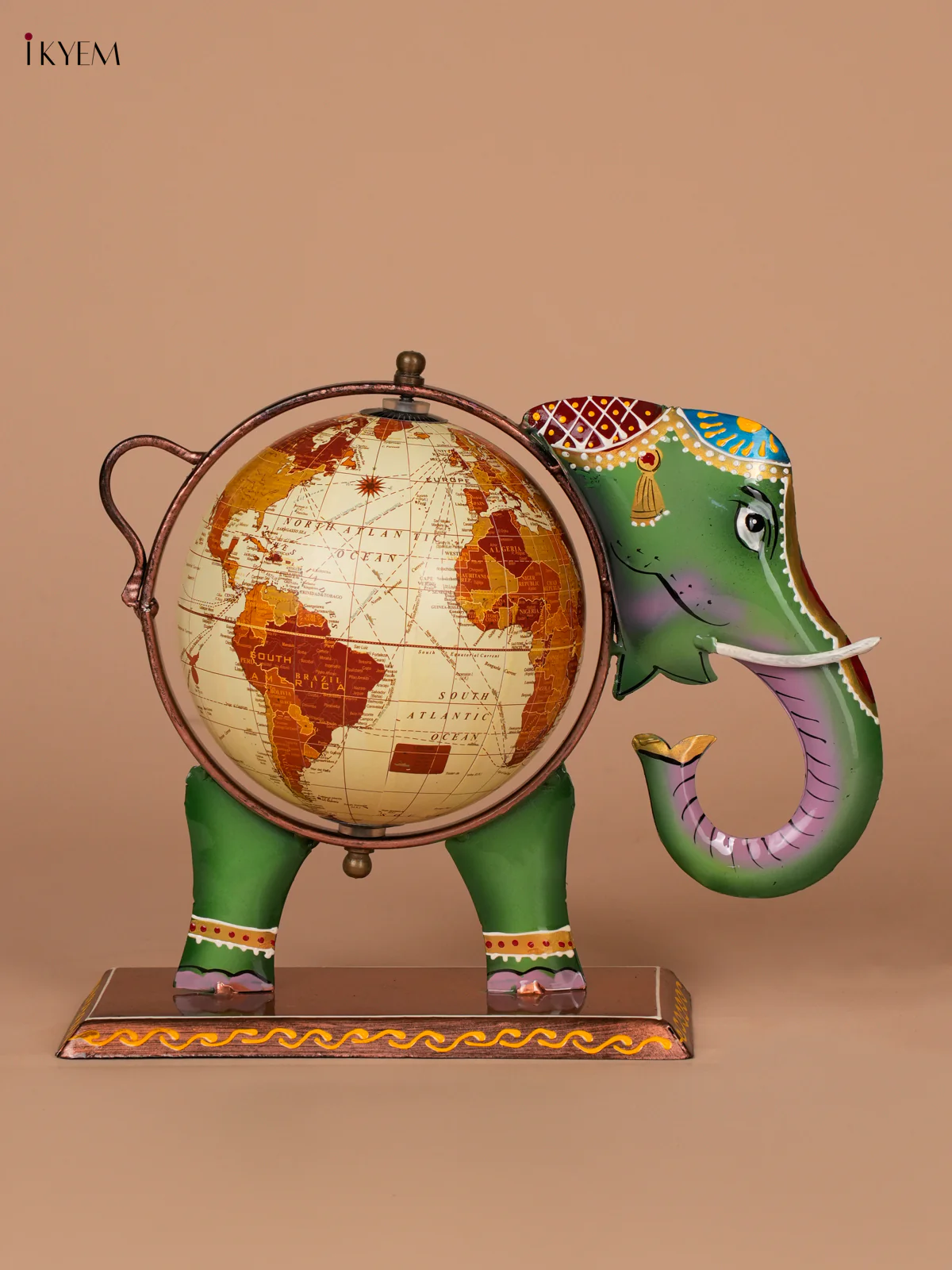 Metal Decorative Elephant Globe - 8 Inch - Green - KEC13118