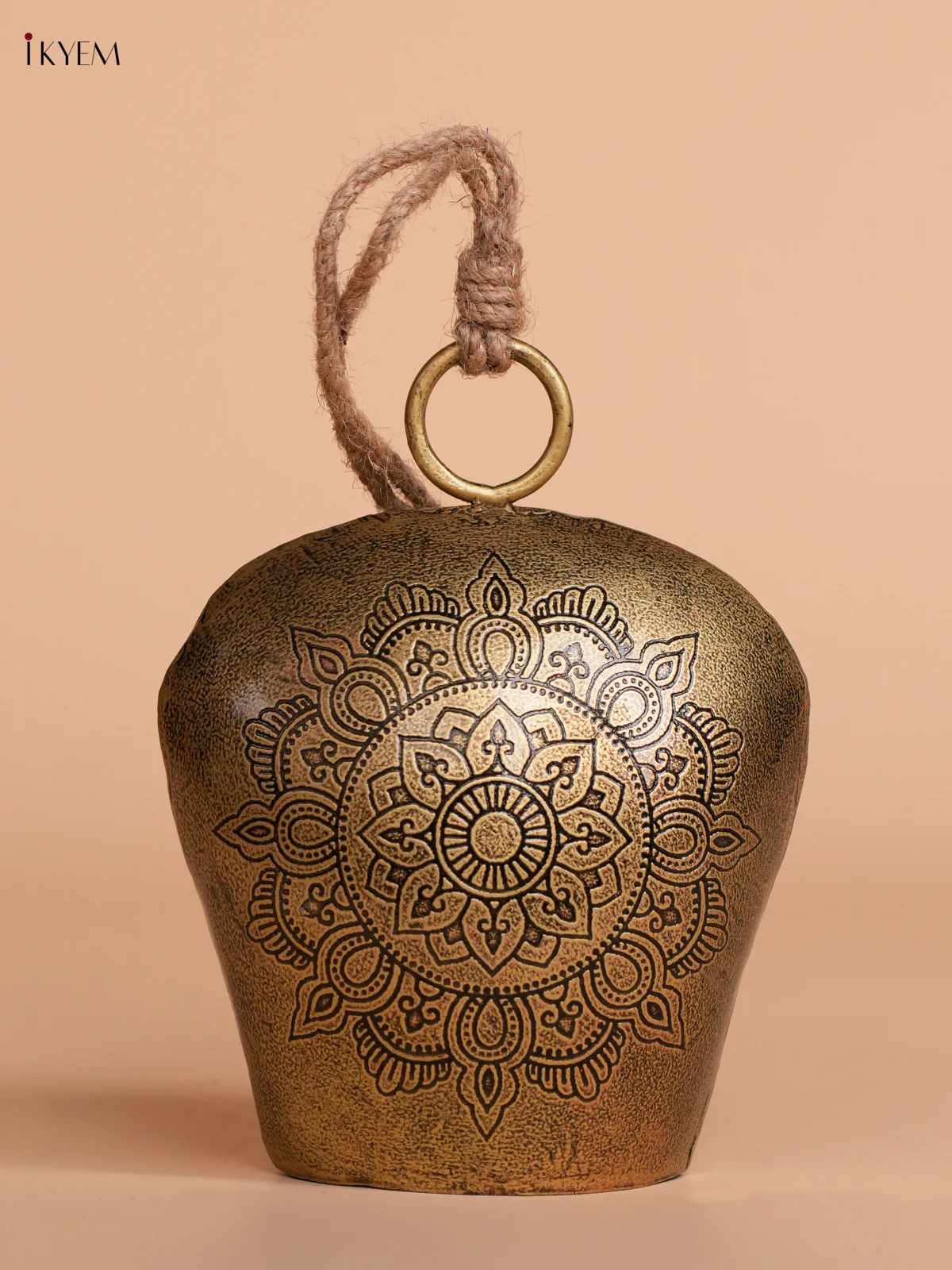 Metal cow Bell with Fine flower Etching & handle Rope - Big - 7 Inch - KEC16004