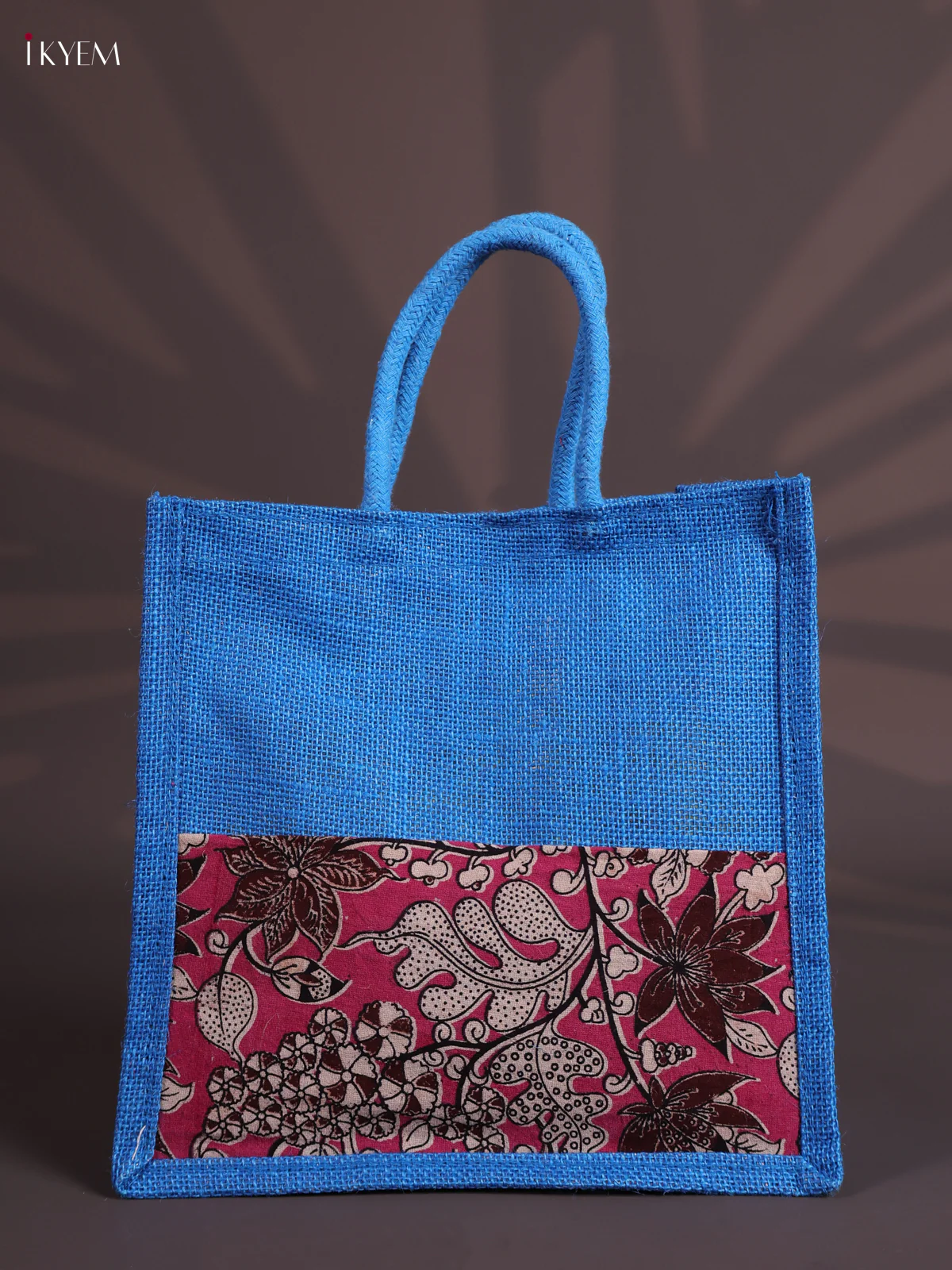 Blue&Pink Half & Half Kalamkari Jute Bag with Rope Handles-KEC18006