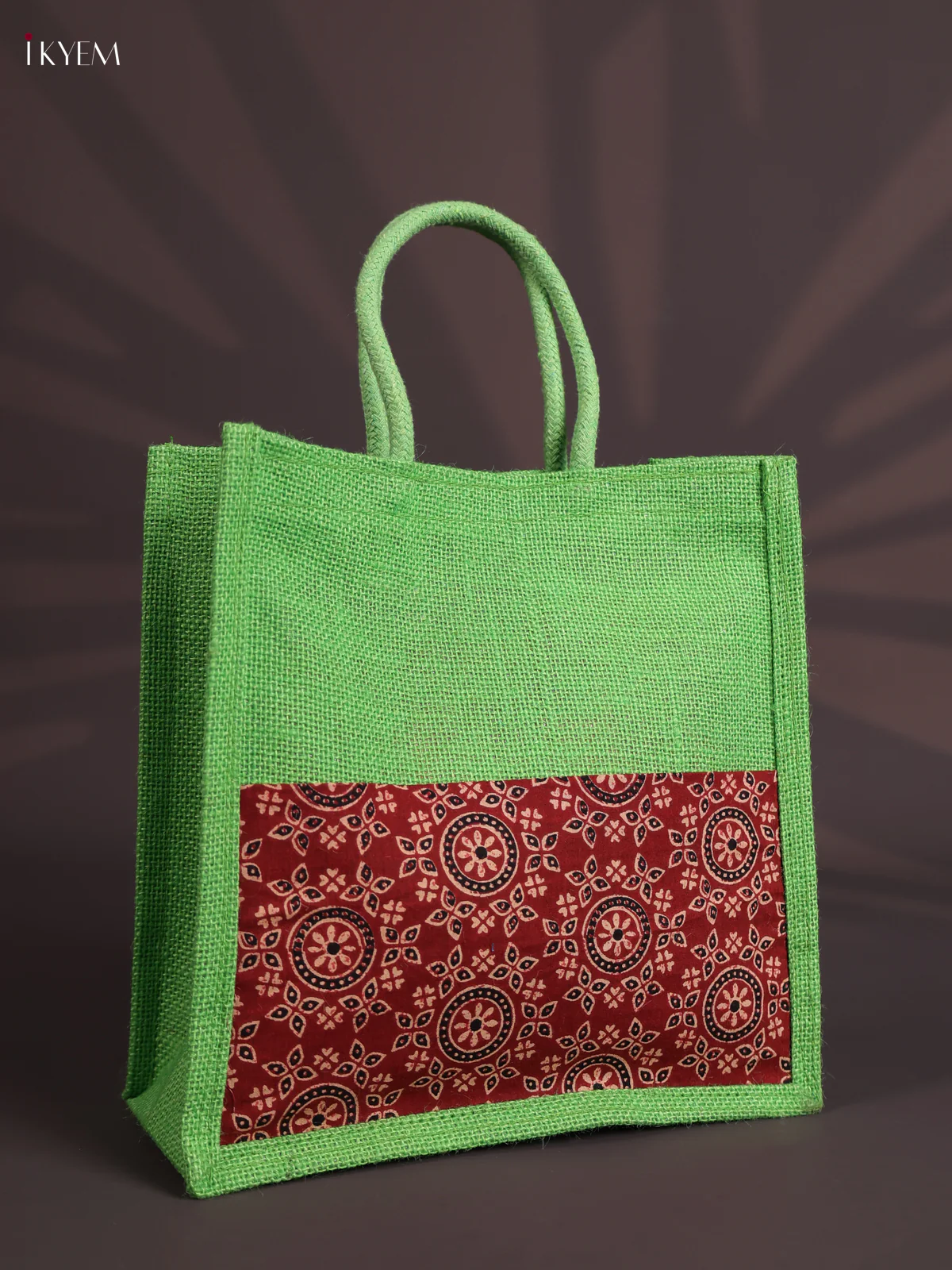 Green Half & Half Kalamkari Jute Bag with Rope Handles-KEC18007 - Image 2