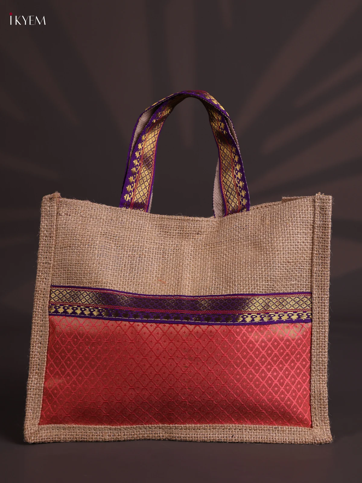Baby Pink Half & Half Raw Silk Jute Bag with Velcro on Top-KEC18008