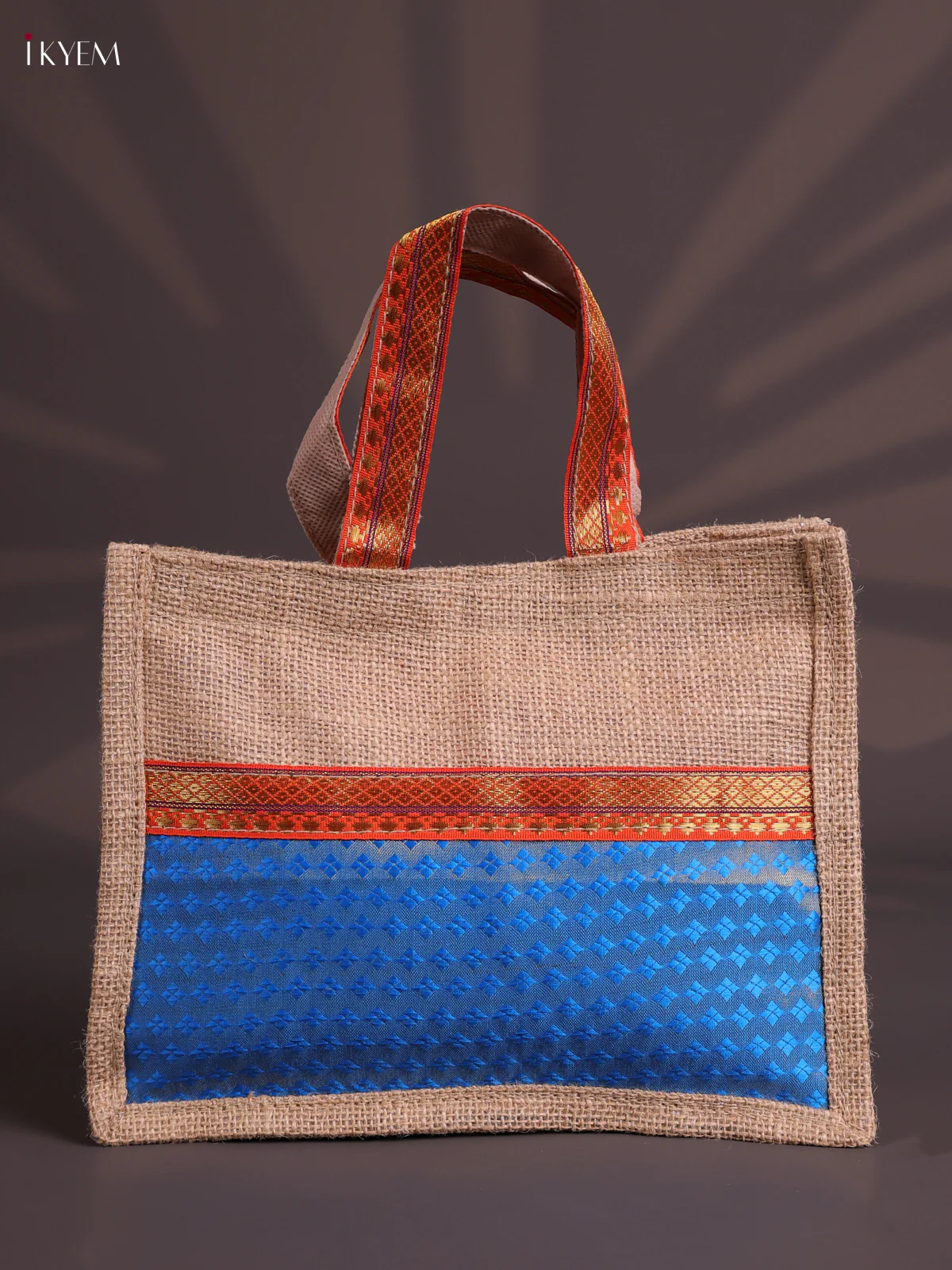Blue Pink Half & Half Raw Silk Jute Bag with Velcro on Top-KEC18009