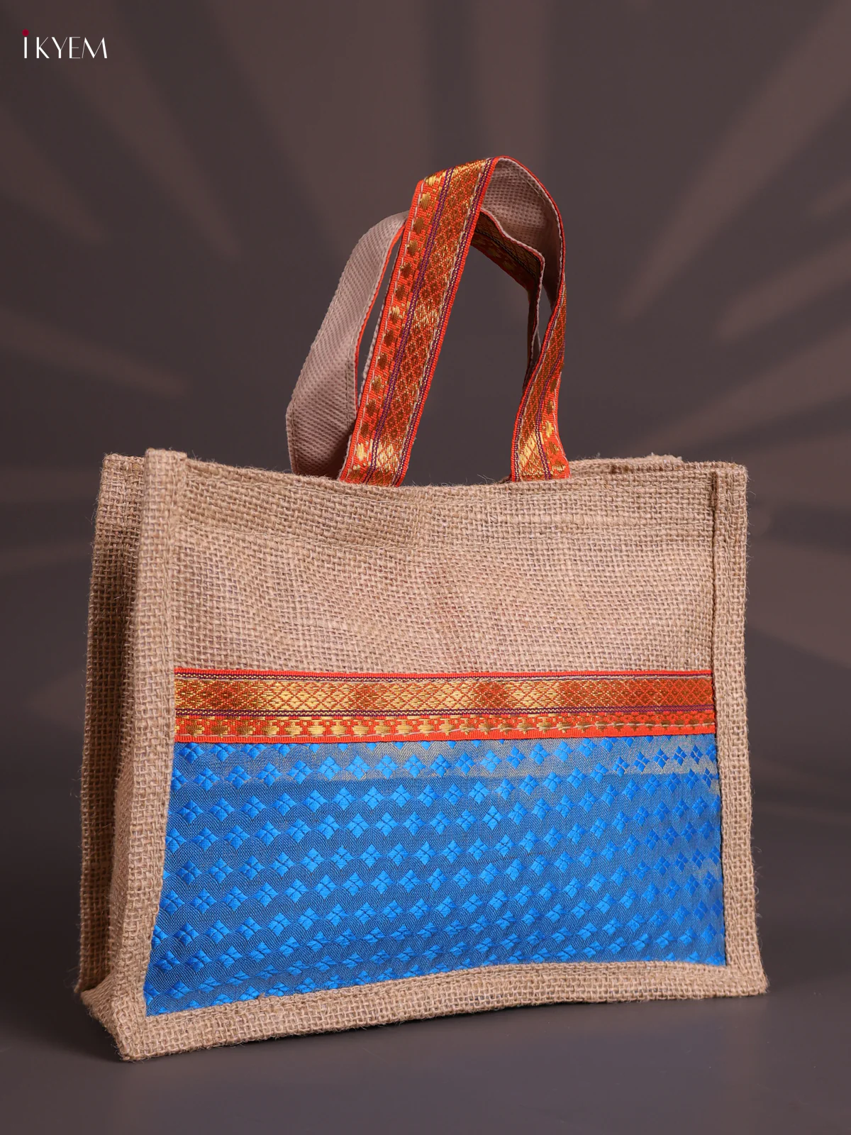 Blue Pink Half & Half Raw Silk Jute Bag with Velcro on Top-KEC18009 - Image 2