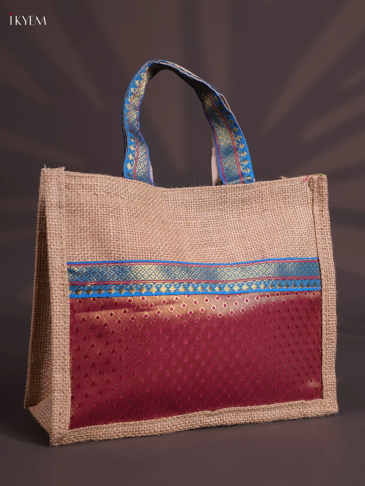 Purple Half & Half Raw Silk Jute Bag with Velcro on Top-KEC18010 - Image 2