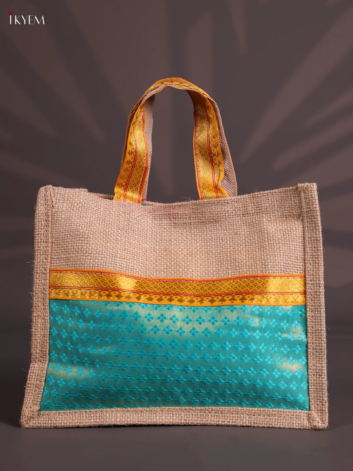 Light Green Half & Half Raw Silk Jute Bag with Velcro on Top-KEC18012