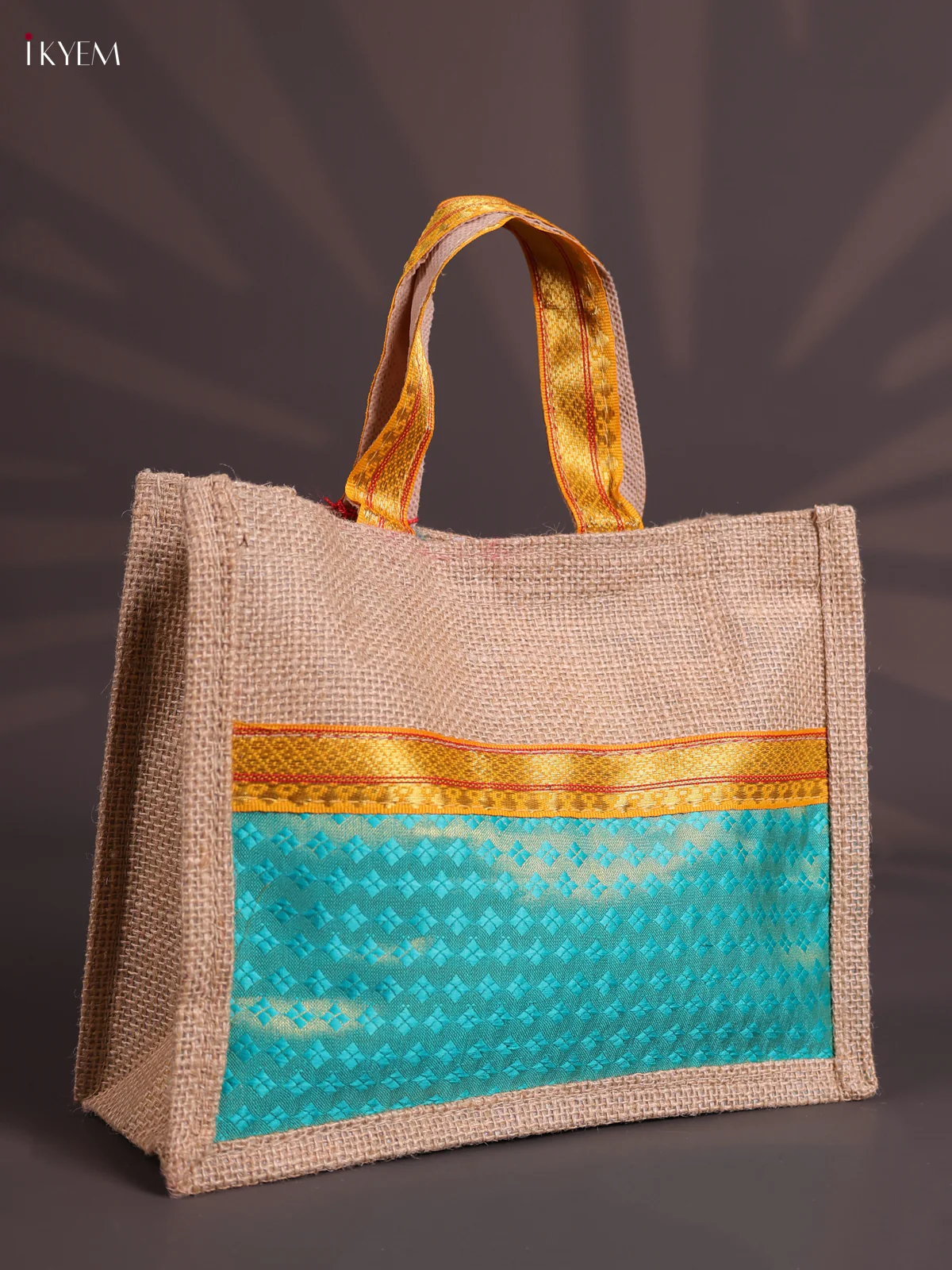 Light Green Half & Half Raw Silk Jute Bag with Velcro on Top-KEC18012 - Image 2