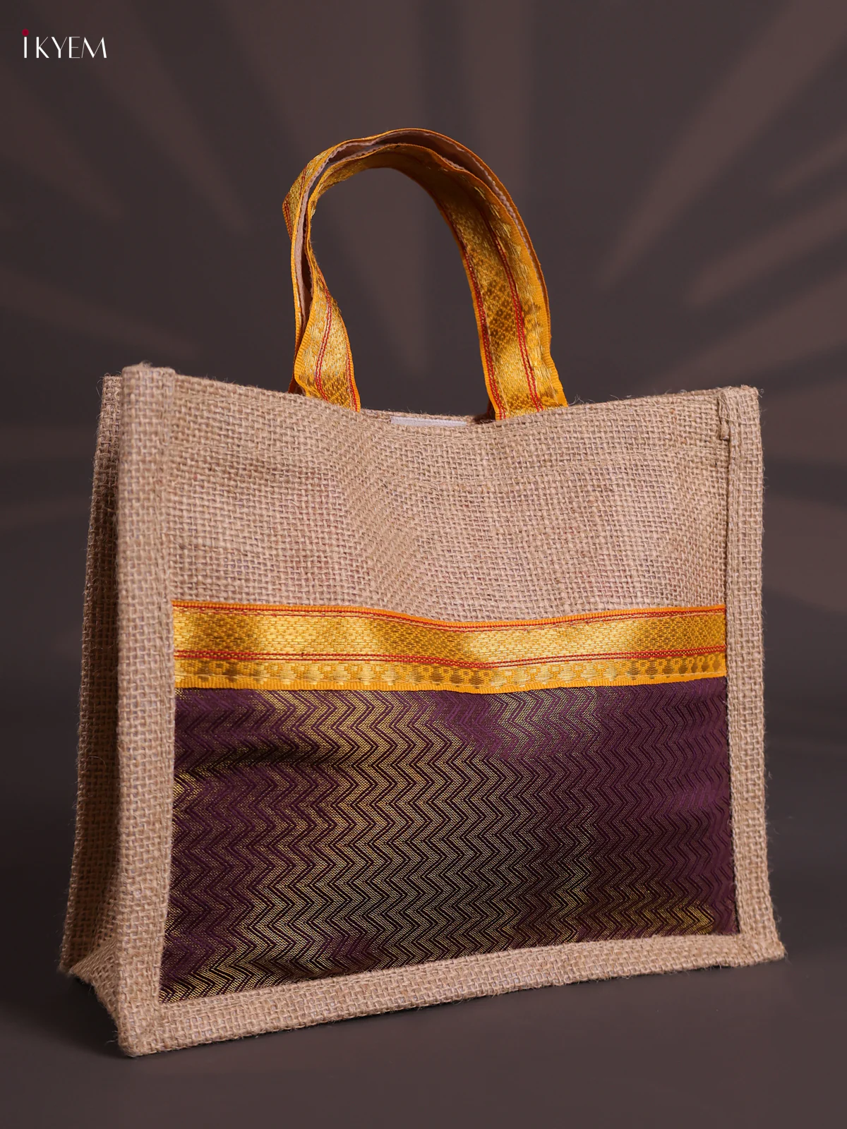 Purple Half & Half Raw Silk Jute Bag with Velcro on Top-KEC18013 - Image 2