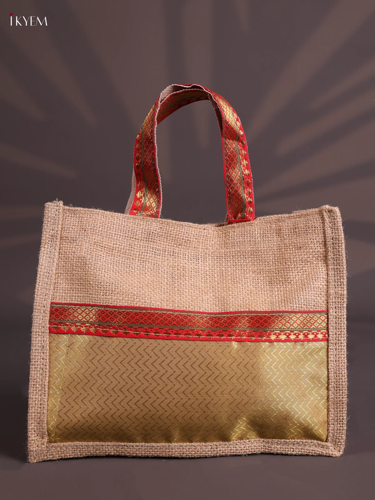 Red Half & Half Raw Silk Jute Bag with Velcro on Top-KEC18015