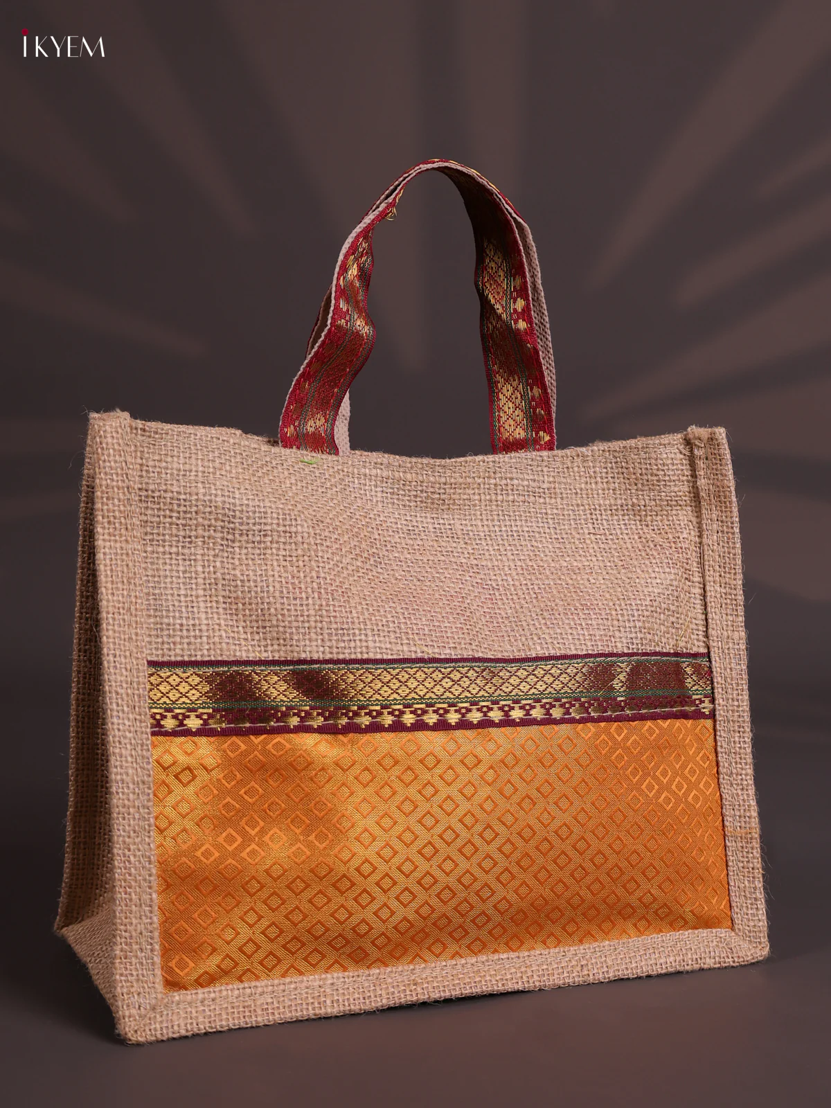 Maroon Half & Half Raw Silk Jute Bag with Velcro on Top-KEC18018 - Image 2