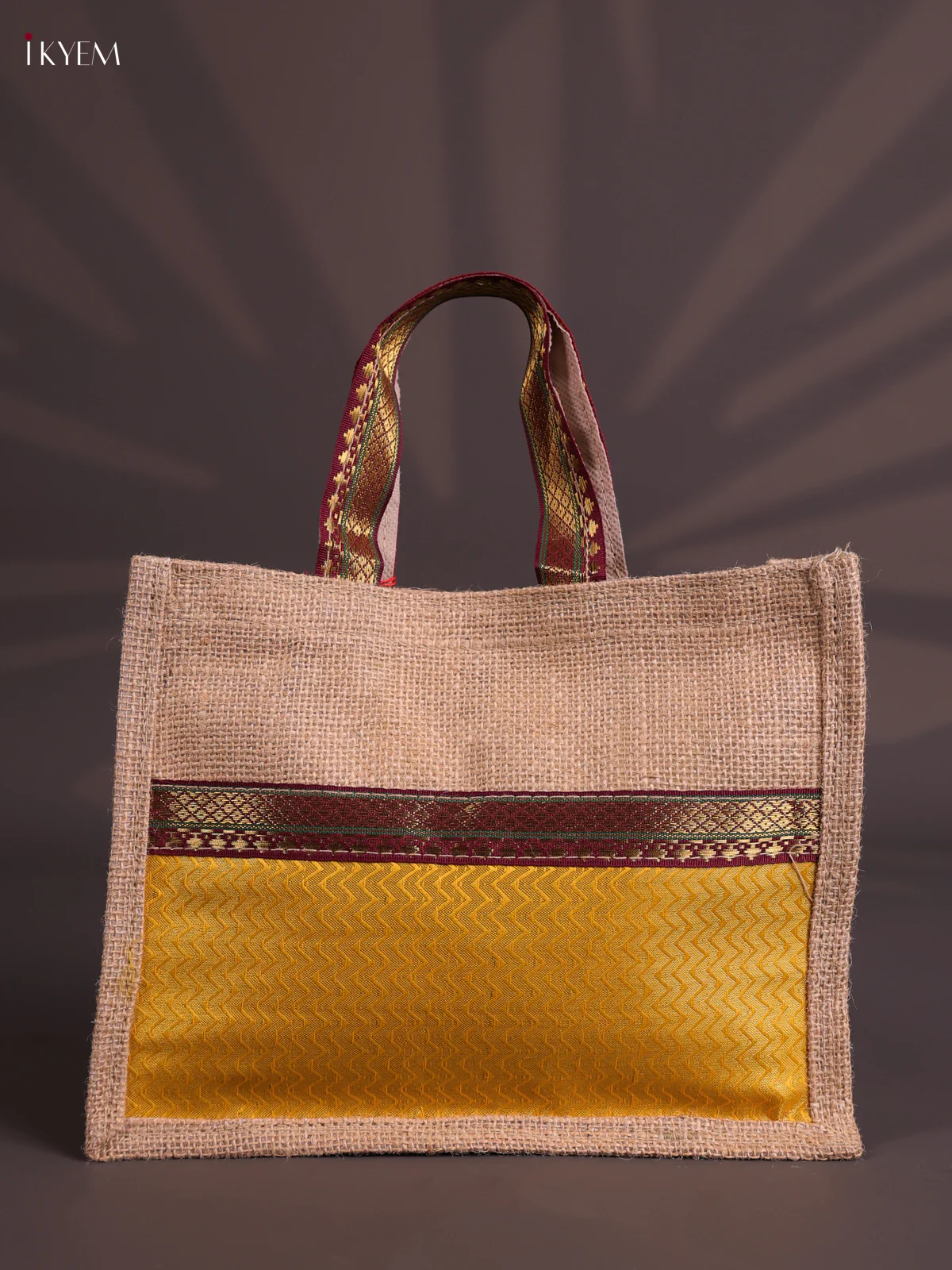 Yellow&maroon Half & Half Raw Silk Jute Bag with Velcro on Top-KEC18022