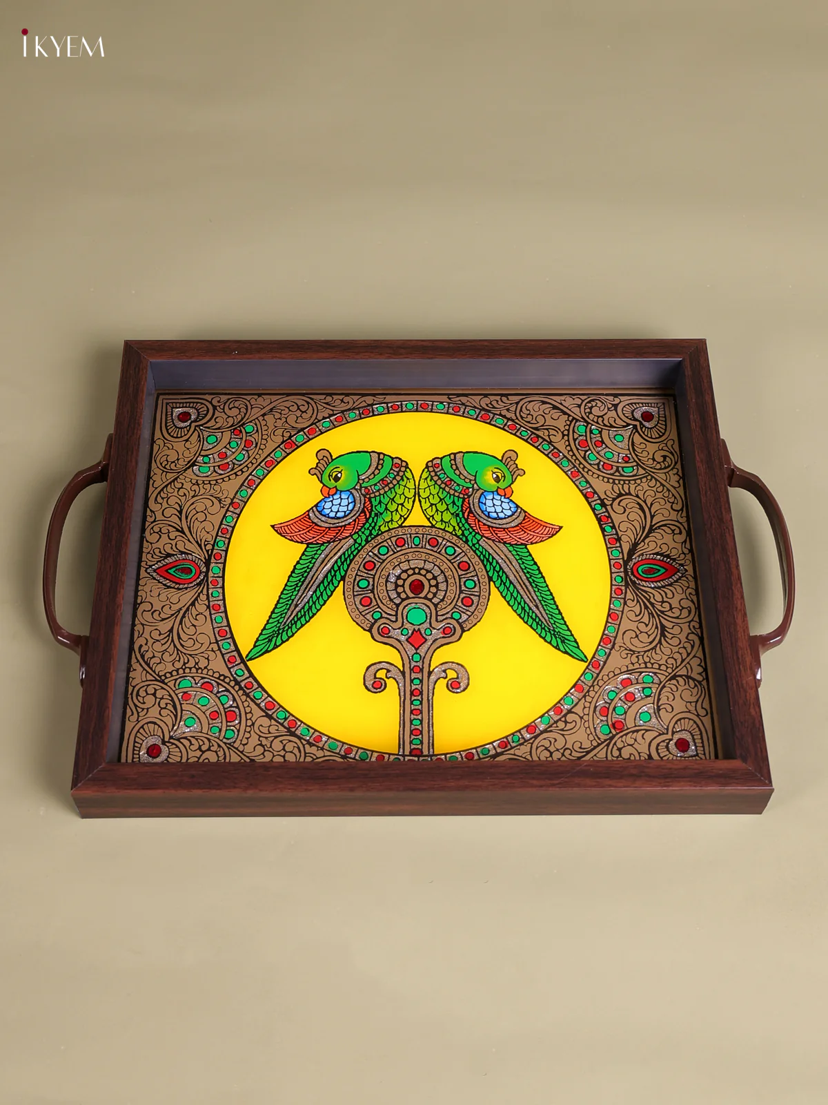 Reverse Glass Painted Tray (11.5x9.5) - Twin Parrot Yellow-KEC18041