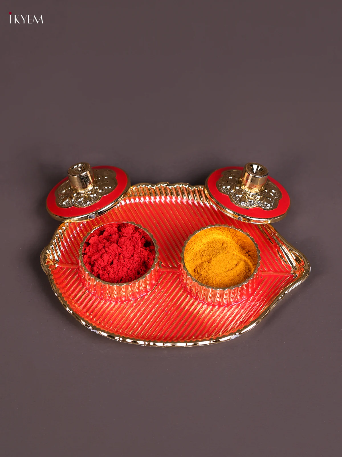 Meenakari Leaf Haldi Kumkum Holder - Red-KEC20047 - Image 2