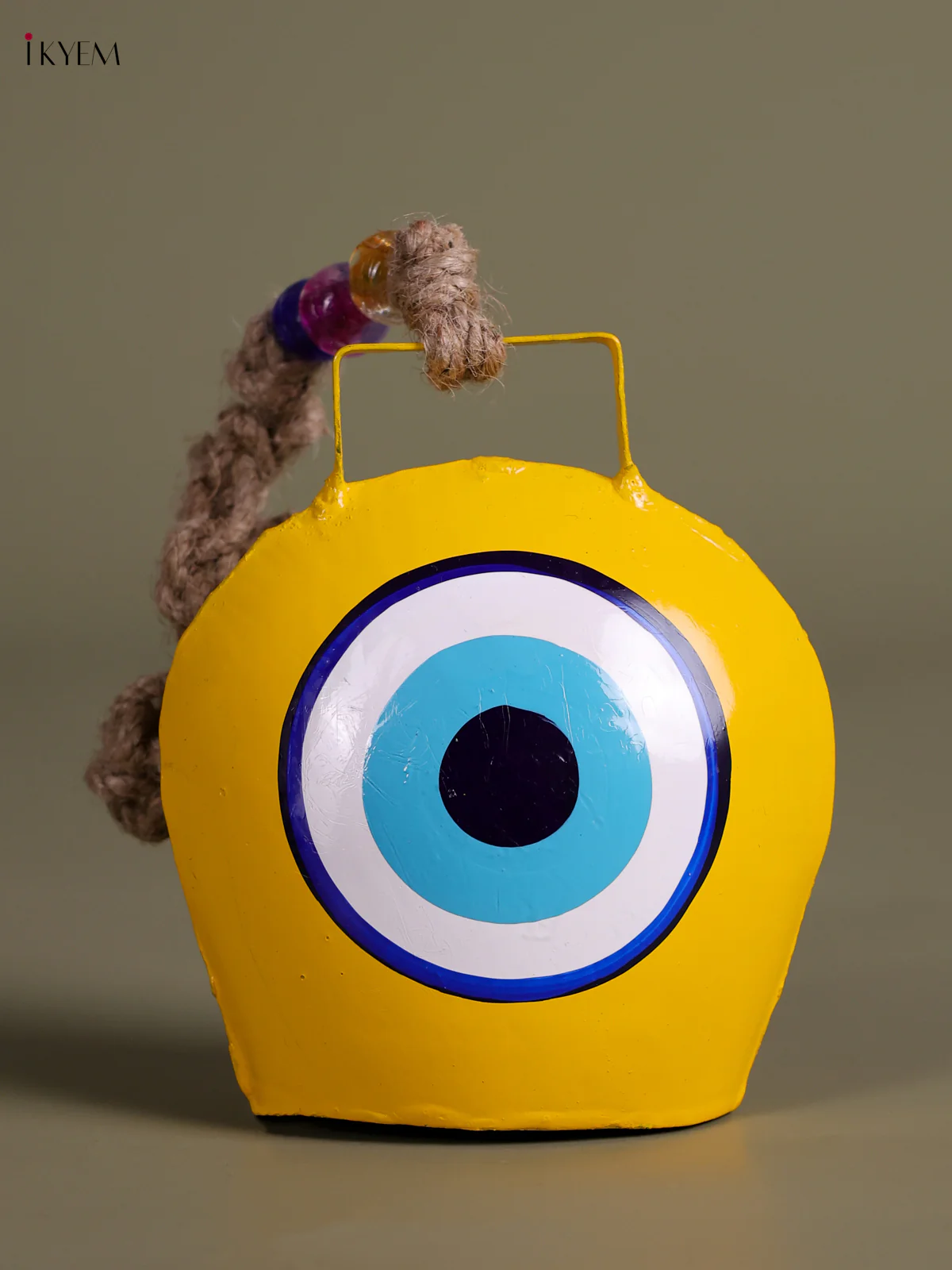 Metal Evil Eye Bell With Jute Hanging - Yellow-KEC26004