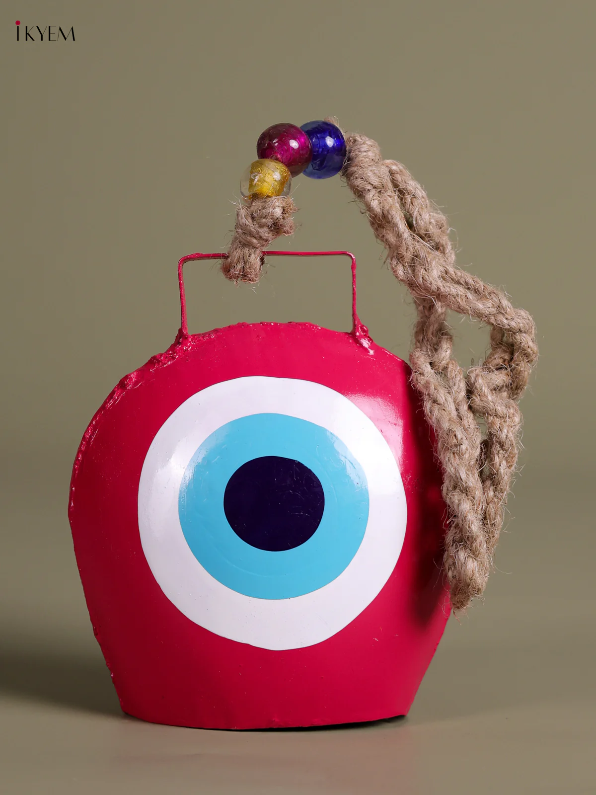 Metal Evil Eye Bell With Jute Hanging - Pink-KEC26006