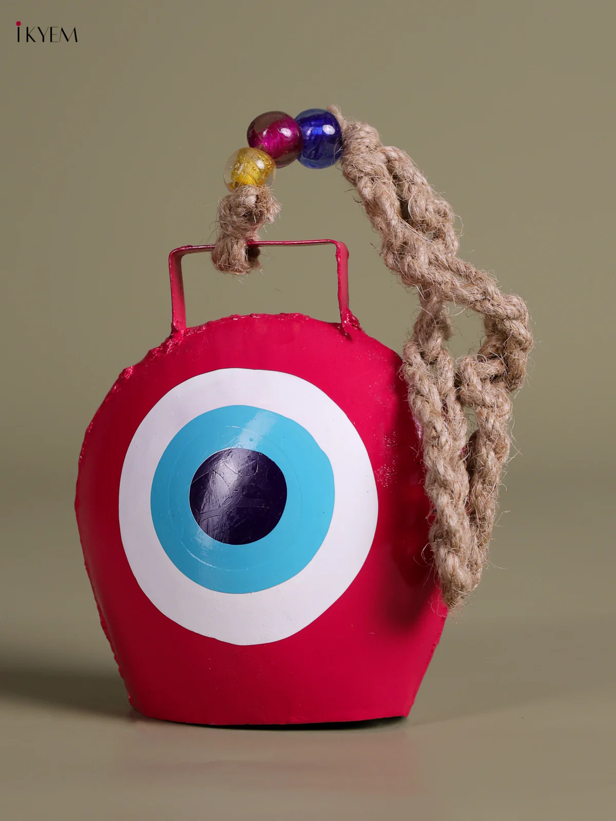 Metal Evil Eye Bell With Jute Hanging - Pink-KEC26006 - Image 2