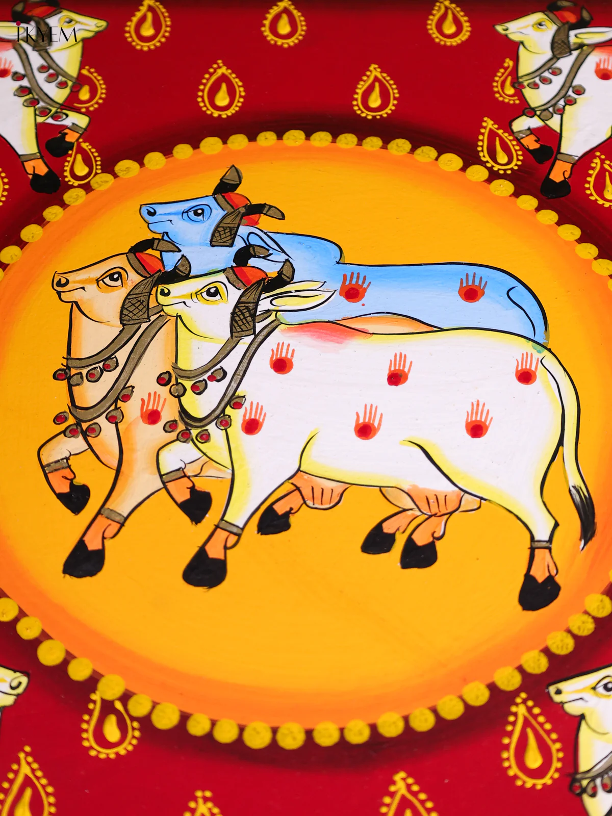 Cow Hand-Painted Wooden Bajot - 12 Inches-KEC26018 - Image 2