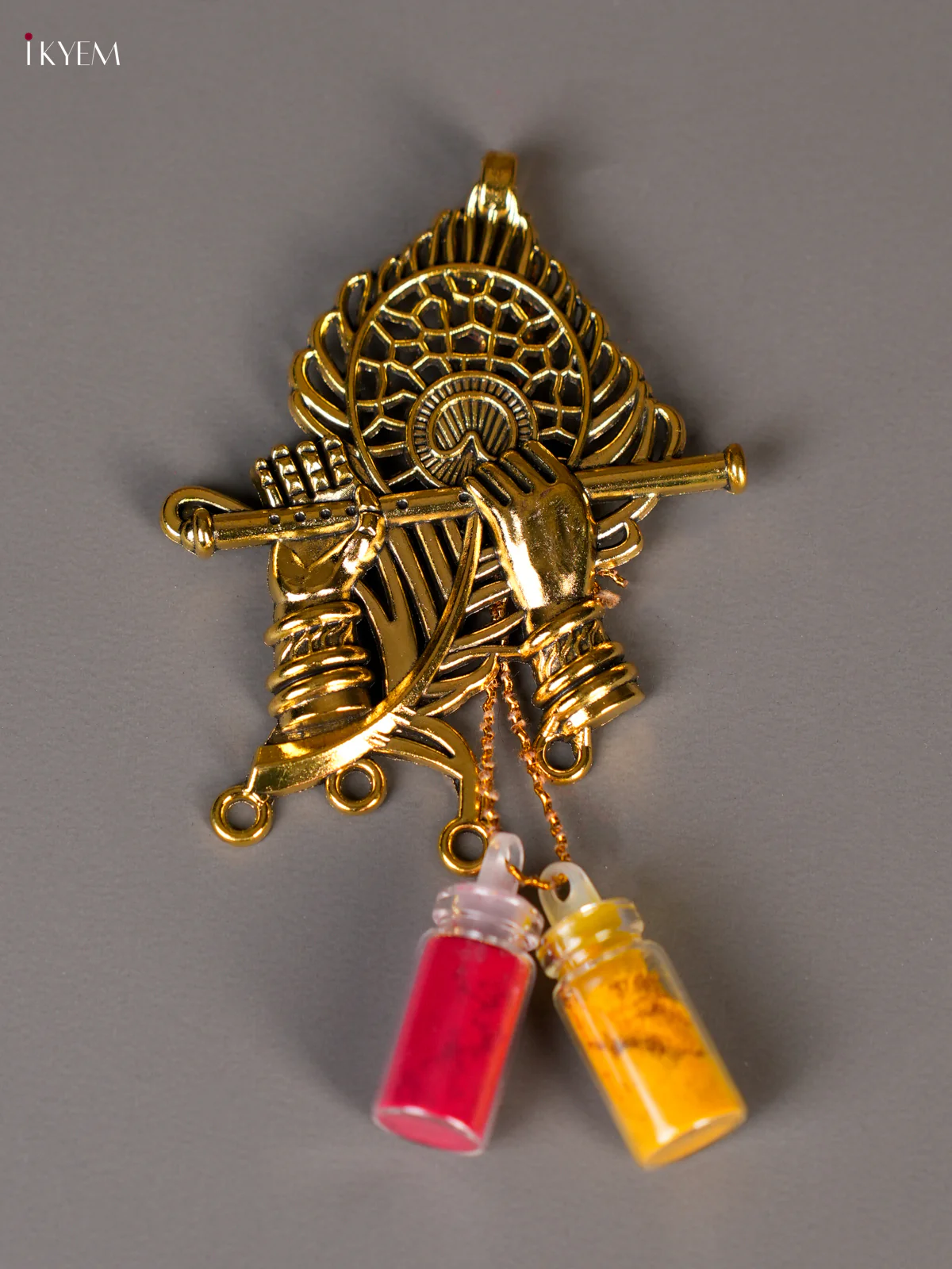 Gold Plated Radha Krishna Flute & Feather Haldi Kumkum Bottle - 2 Inches-KED04014