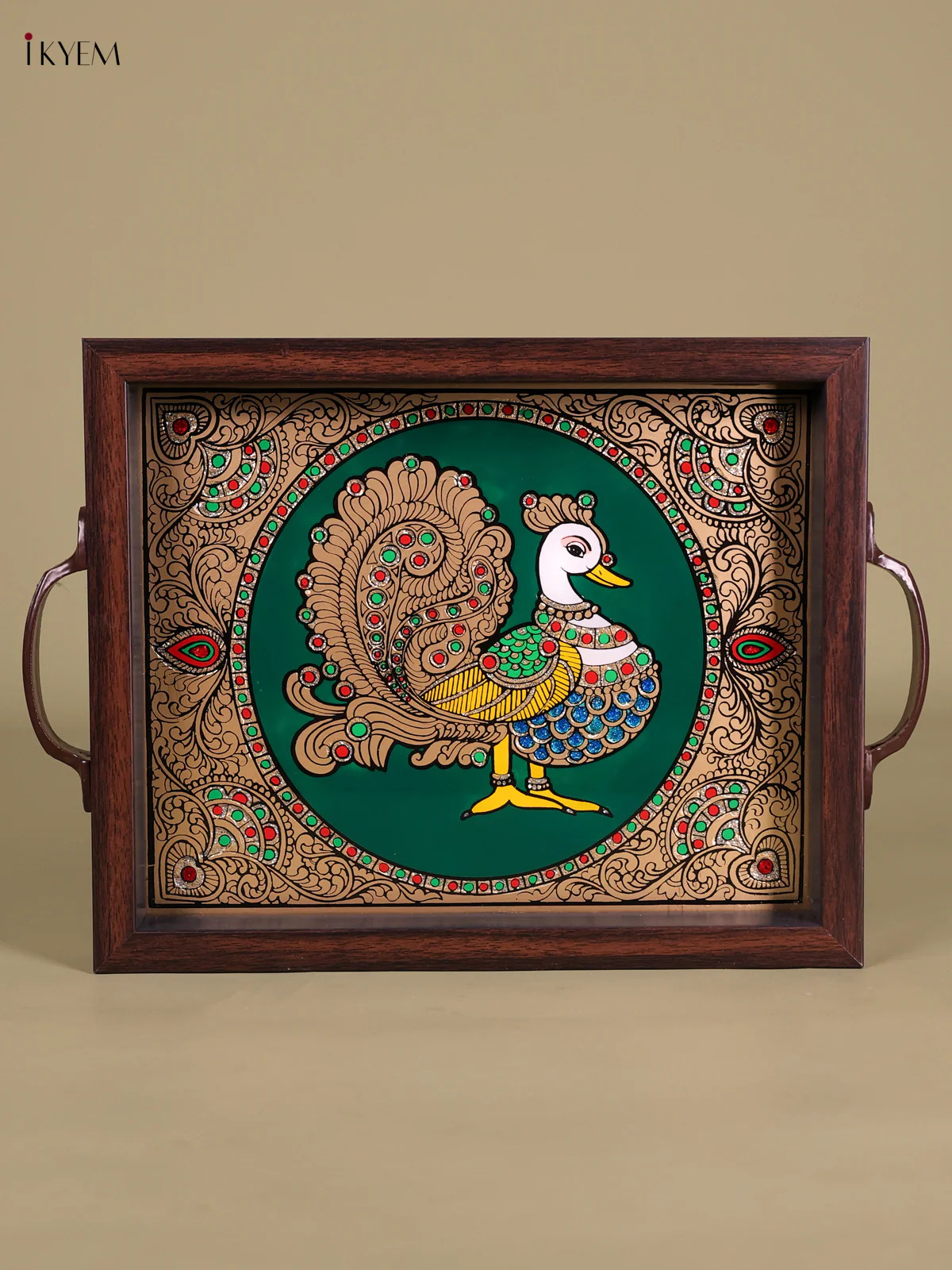 Reverse Glass Painted Tray (11x9) - Annapakshi - Green-KED07001 - Image 2
