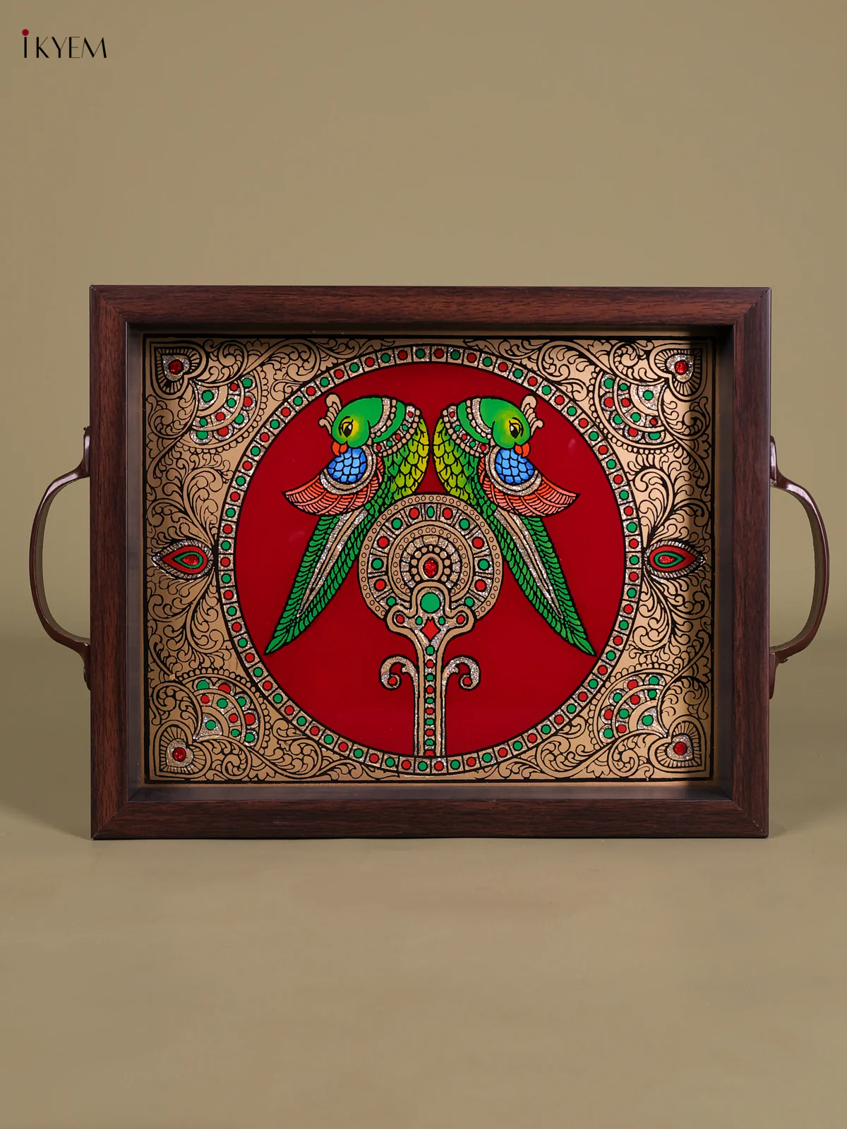 Reverse Glass Painted Tray (11x9) - Twin Parrot - Maroon-KED07012 - Image 2