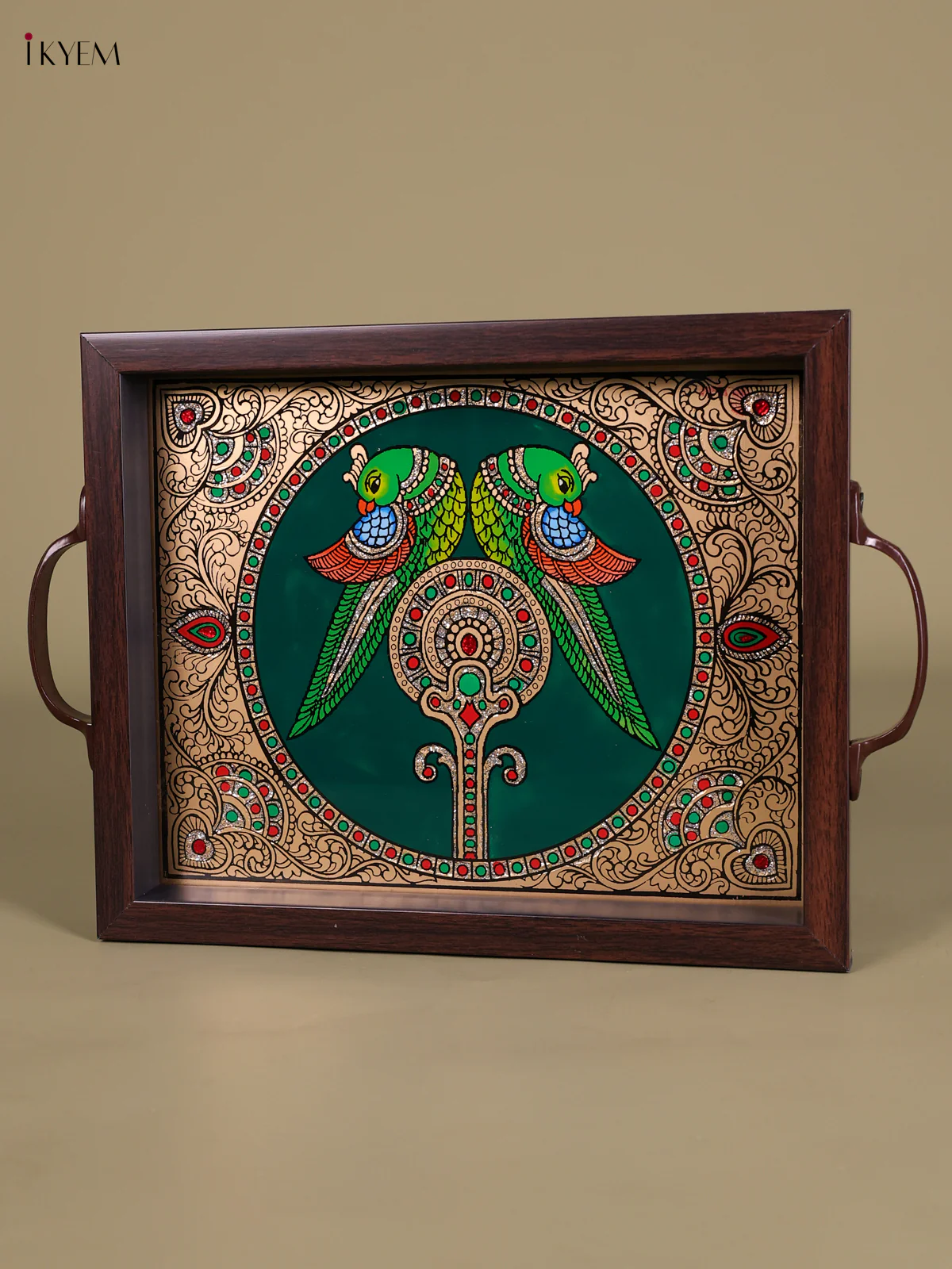 Reverse Glass Painted Tray (11x9) - Twin Parrot - Green-KED07013 - Image 3