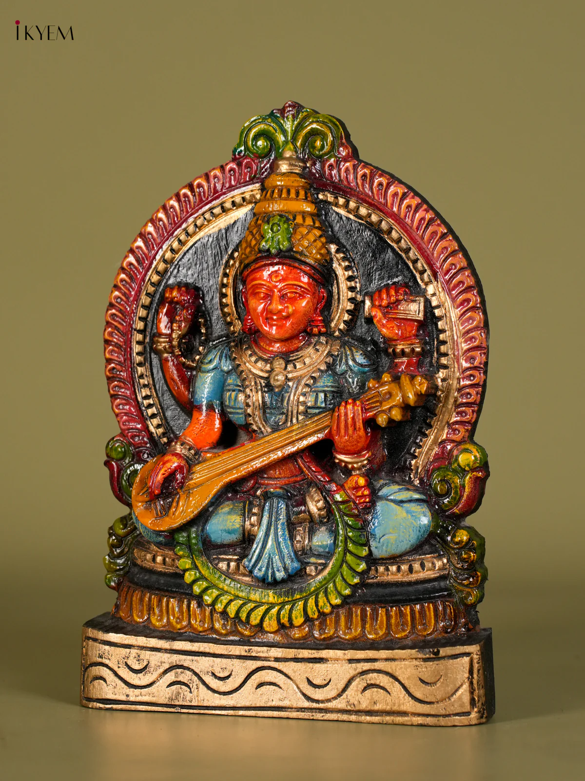 Wooden Handpainted Sarawathy Statue-KED13014 - Image 3