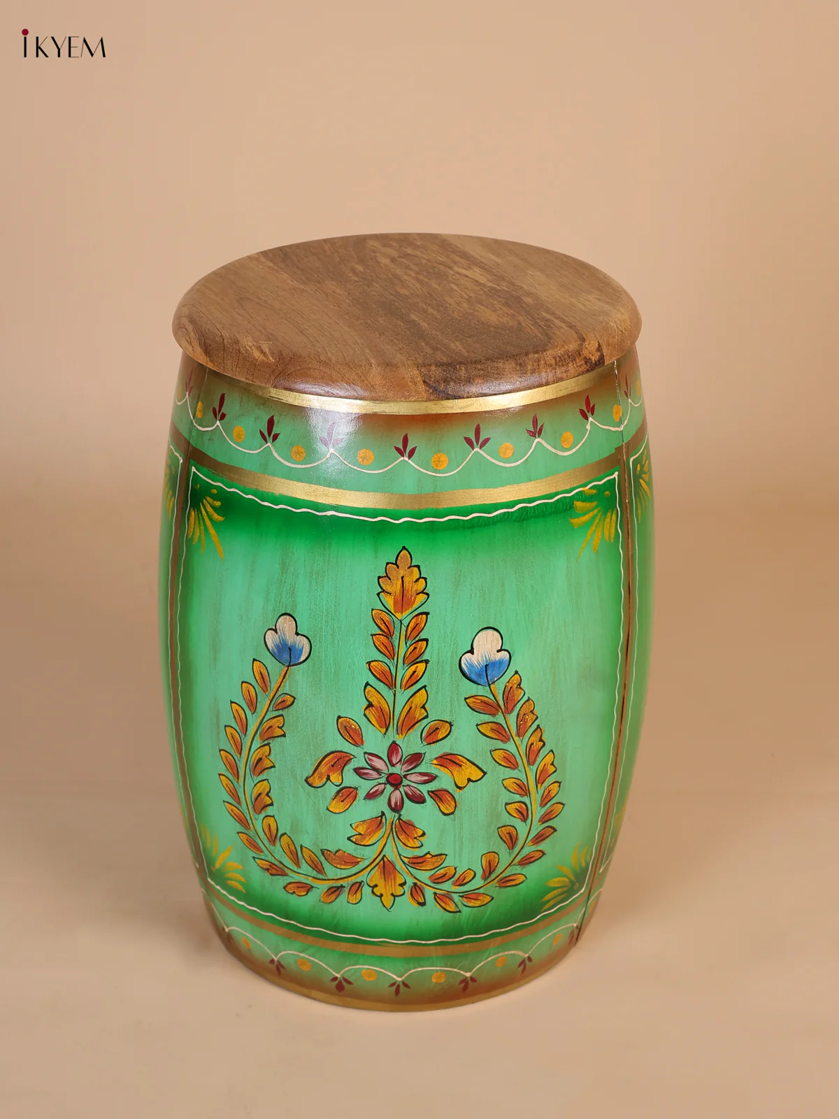 Hand-Painted Metal Stool with Wooden Seater - Green - 16.5 Inch-KEE02001