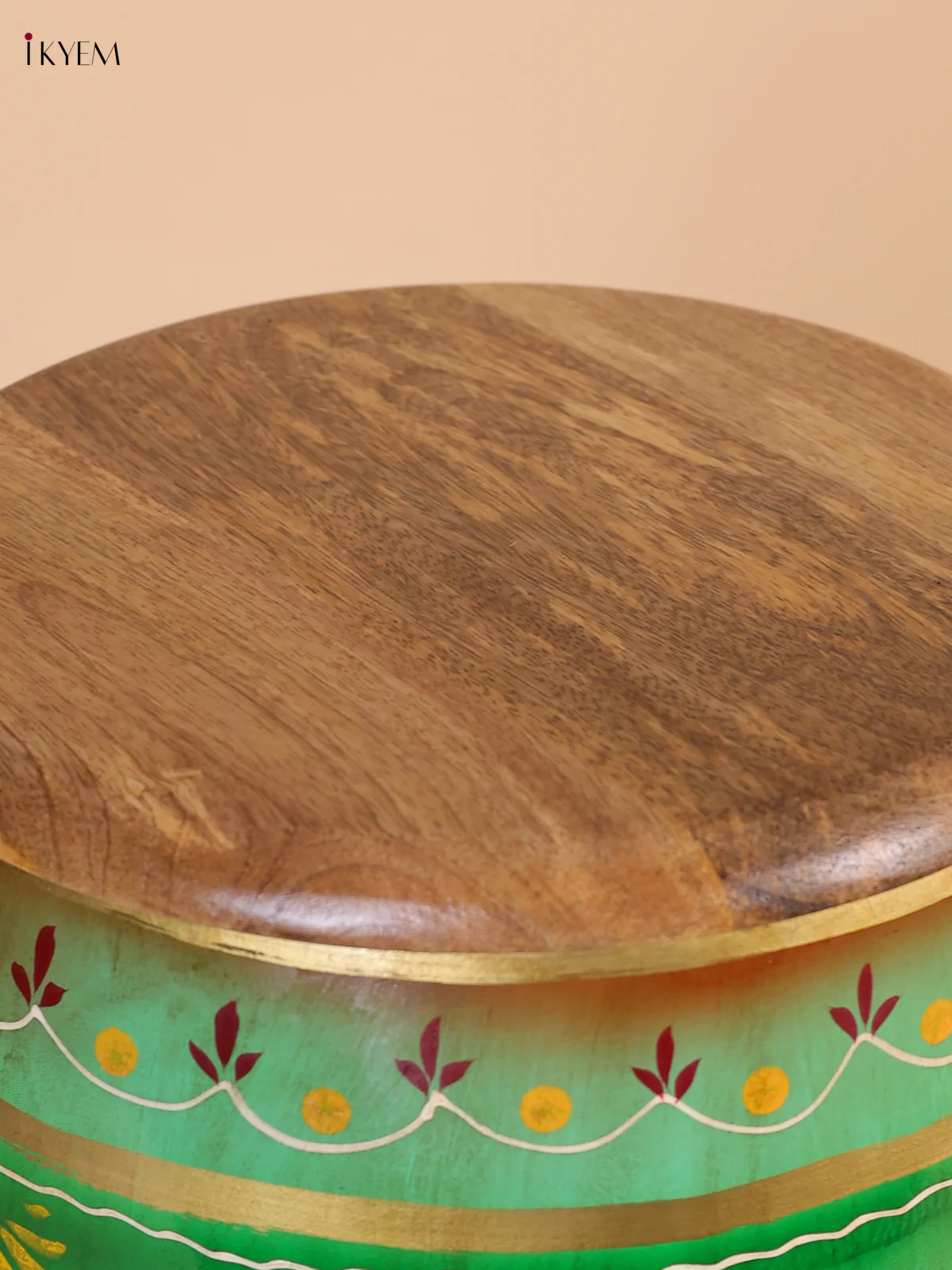 Hand-Painted Metal Stool with Wooden Seater - Green - 16.5 Inch-KEE02001 - Image 3