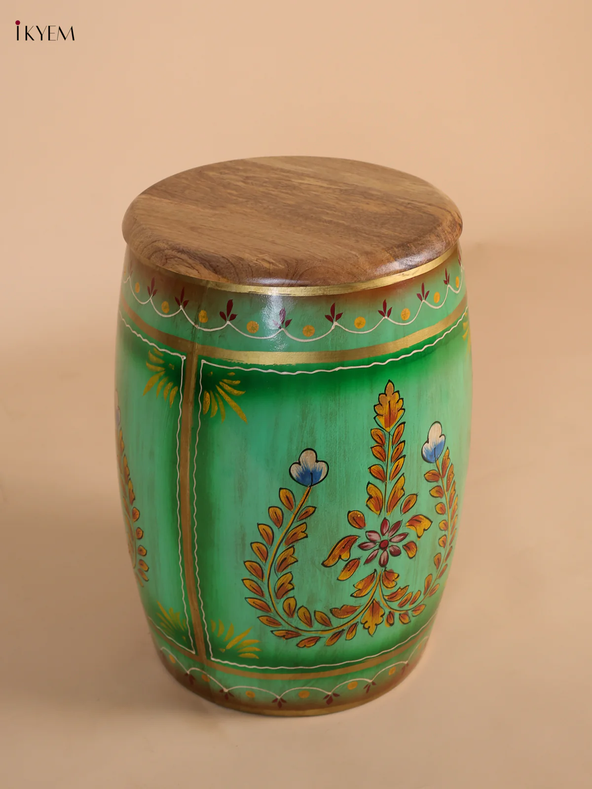 Hand-Painted Metal Stool with Wooden Seater - Green - 16.5 Inch-KEE02001 - Image 4