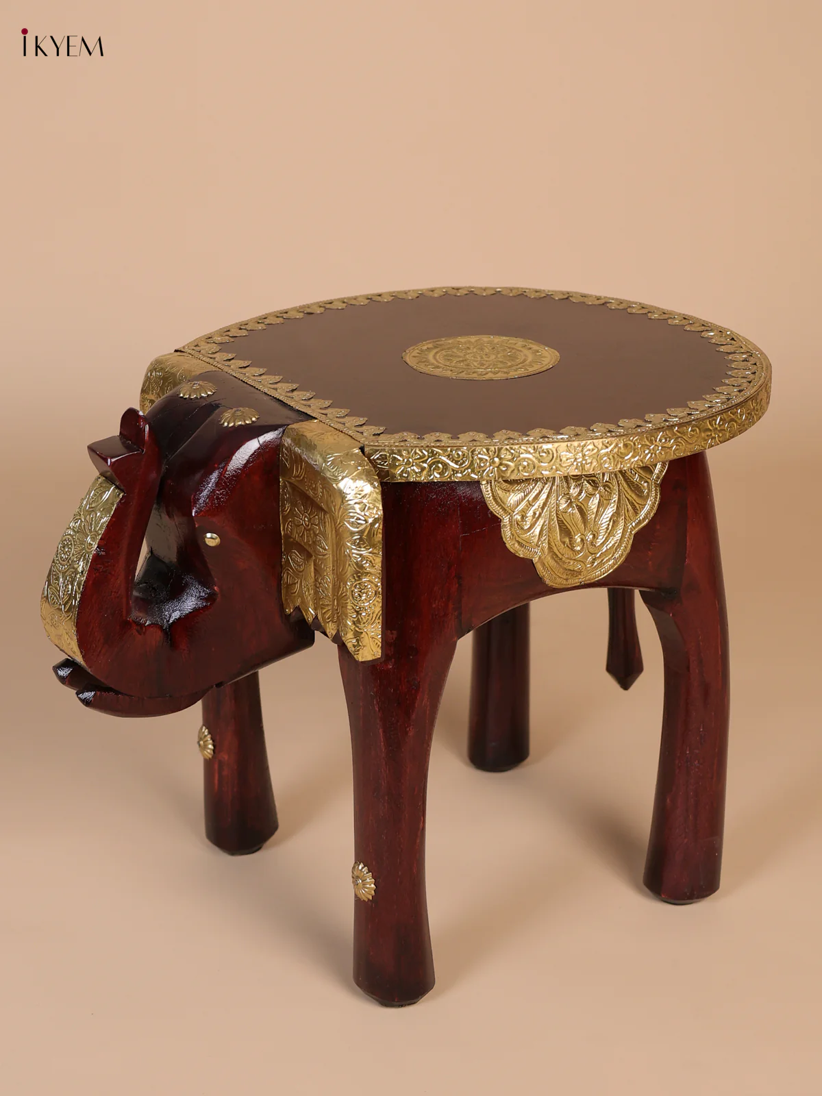 Wooden Brass Fitted elephant stool - 12 Inches-KEE02003