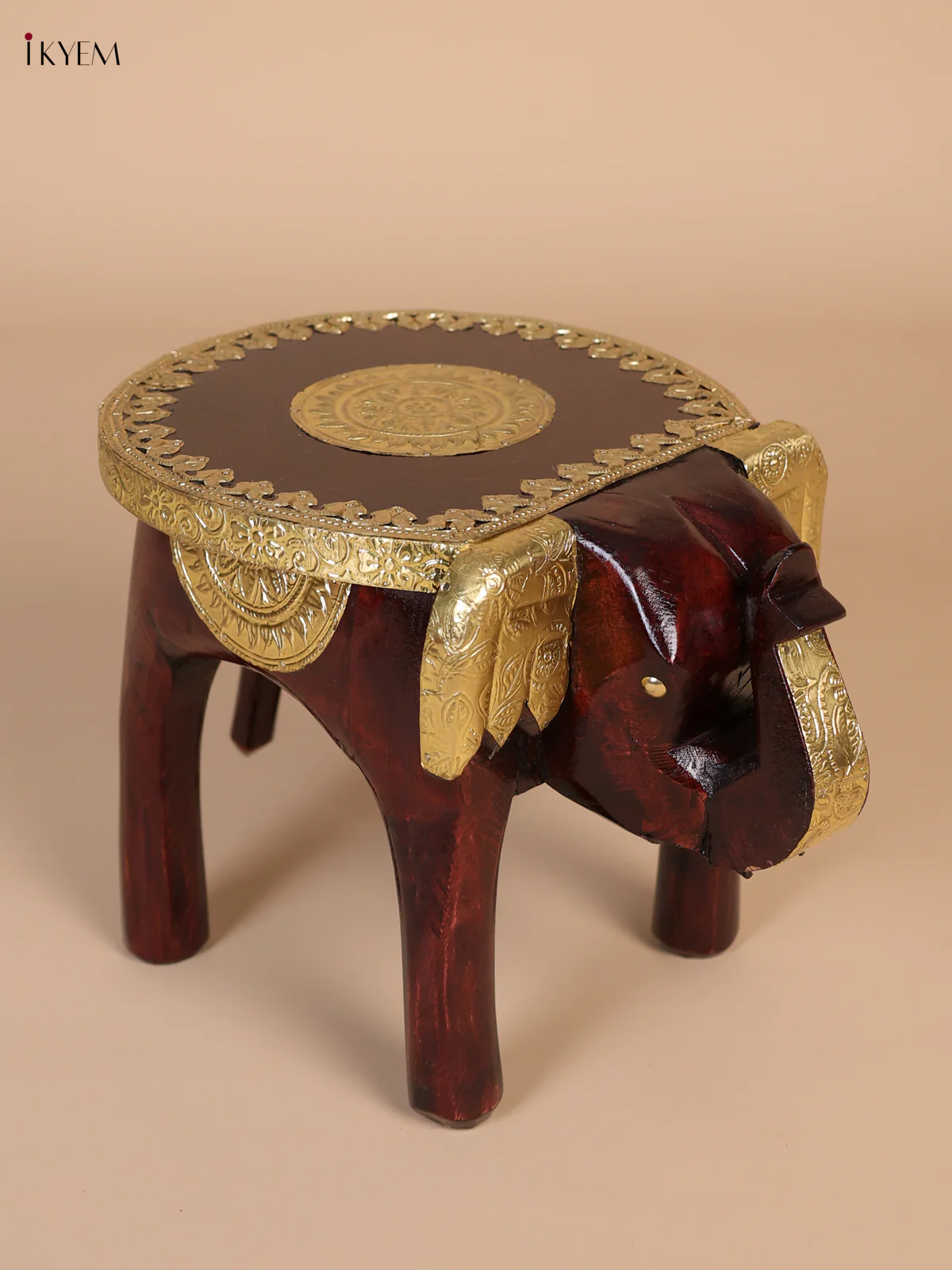 Wooden Brass Fitted elephant stool - 8 Inches-KEE02004