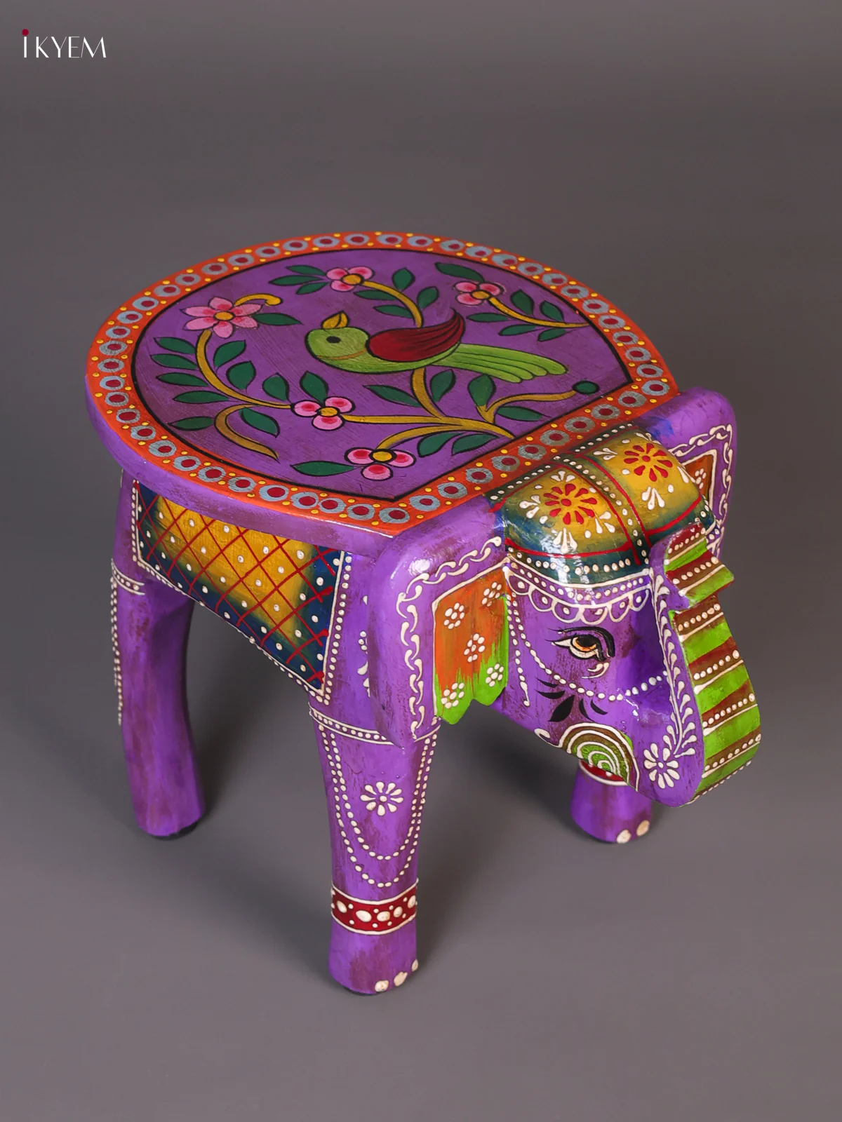 Wooden Handipainted Elephant Stool - 8 inch - Purple-KEE02010