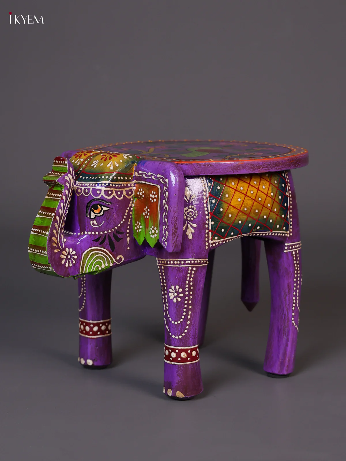 Wooden Handipainted Elephant Stool - 8 inch - Purple-KEE02010 - Image 3